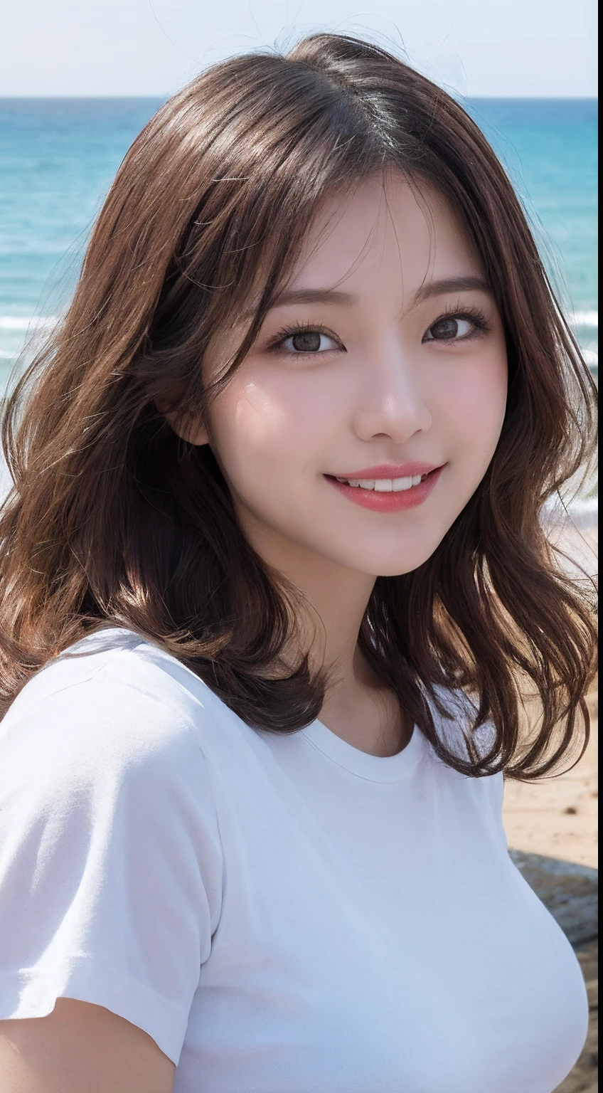 masutepiece, Best Quality, illustratio, Ultra-detailed, finely detail, hight resolution, Wallpaper in 8K, Perfect dynamic composition, Beautiful detailed eyes, Medium Hair, Big breasts, Natural Color Lip, Smile, ocean view,Curly hair、Jellyfish Logo,White T -shirt,full bodyesbian,Duck mouth,