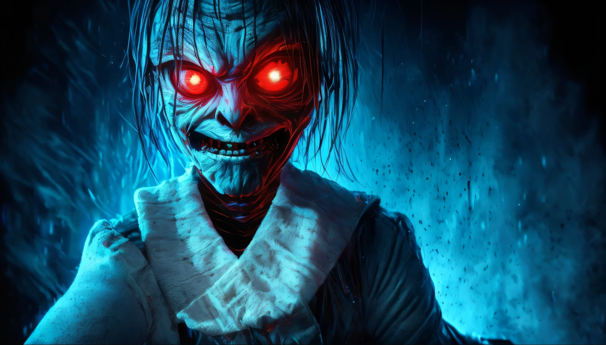 (Upper body、from the chest up:1.5), disgusting horror images, unknown creature、evil smile and glowing eyes, Awesome color art in 4K, Best Jump Scare Scenes, Very scary, glowing eyes and mouth, red eyes shine, his eyes are red and shining, blue shining face, completely red eyes、No pupil