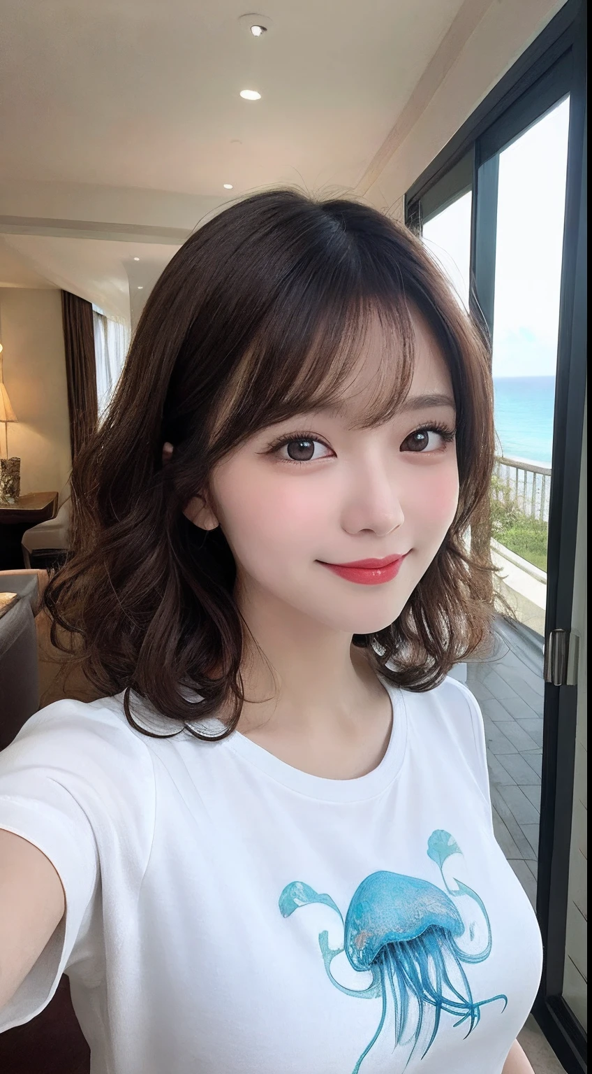 masutepiece, Best Quality, Illustration, Ultra-detailed, finely detail, hight resolution, 8K Wallpaper, Perfect dynamic composition, Beautiful detailed eyes, Medium Hair, Big breasts, Natural Color Lip, Smile,selfie photo,Hotel, veranda, ocean view,Curly hair、Jellyfish white tee shirt