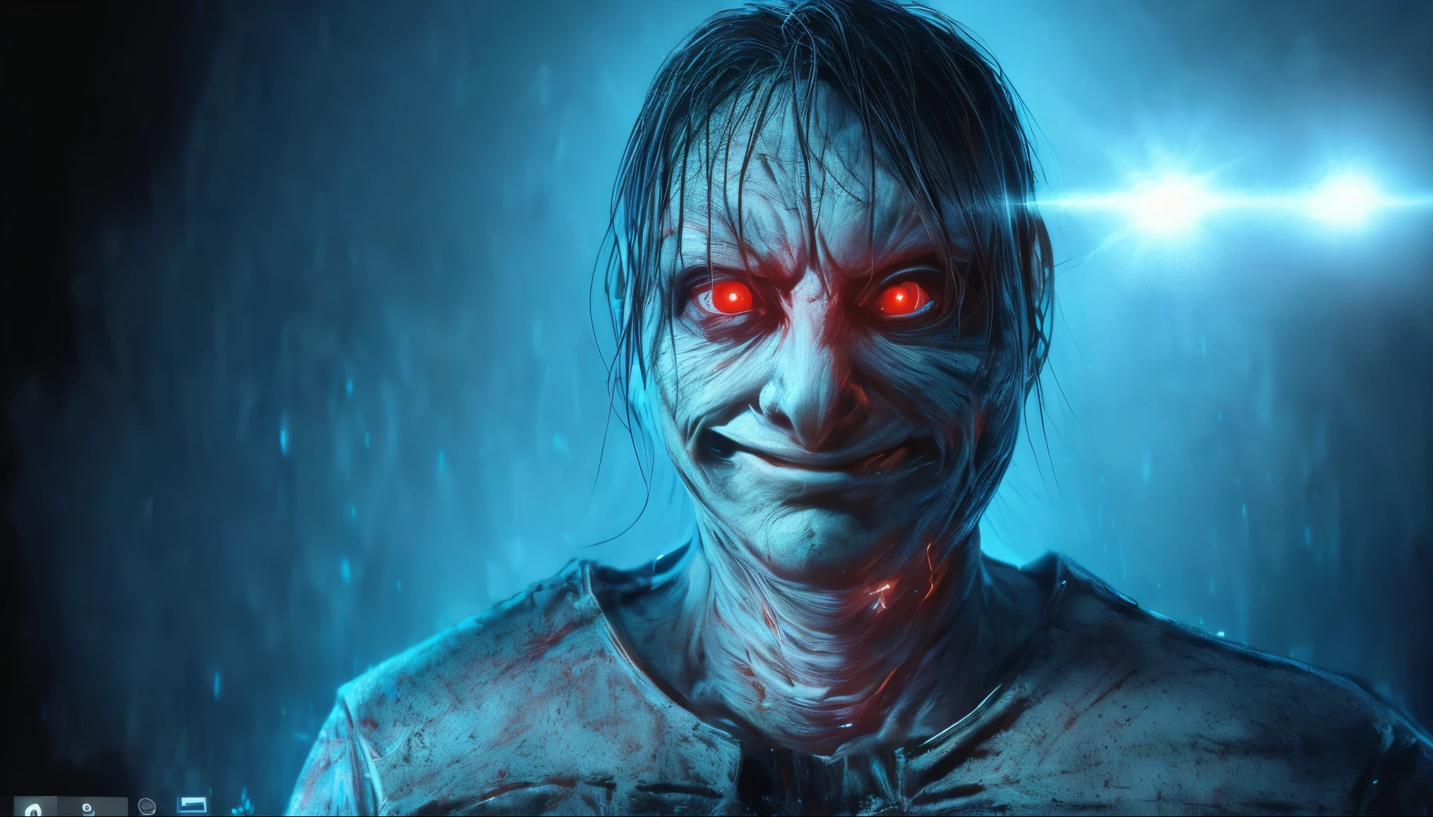 (Upper body、from the chest up:1.5), disgusting horror images, unknown creature、evil smile and glowing eyes, Awesome color art in 4K, Best Jump Scare Scenes, Very scary, glowing eyes and mouth, red eyes shine, his eyes are red and shining, blue shining face, completely red eyes、No pupil, human skin