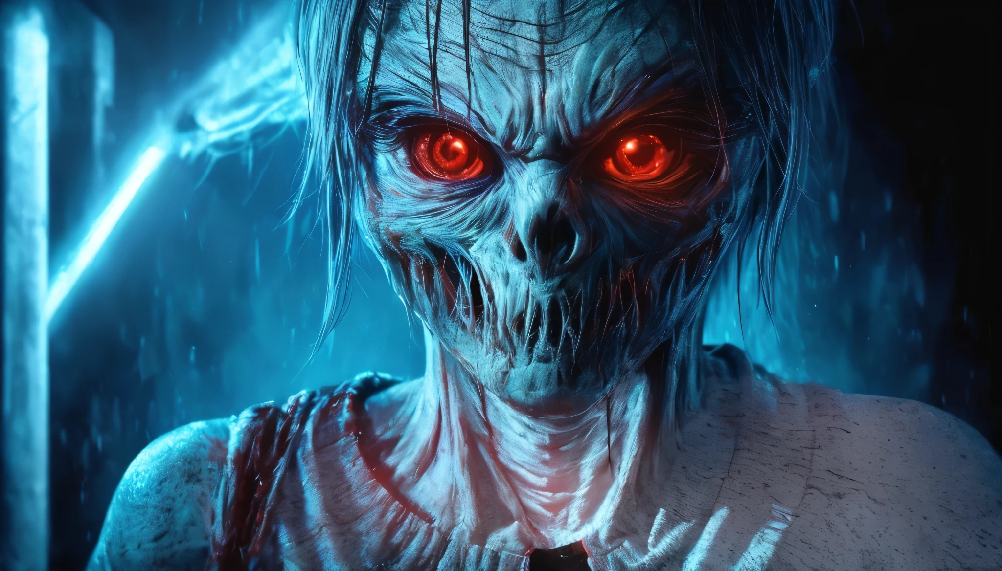 (Upper body、from the chest up:1.5), disgusting horror images, unknown creature、evil smile and glowing eyes, Awesome color art in 4K, Best Jump Scare Scenes, Very scary, glowing eyes and mouth, red eyes shine, his eyes are red and shining, blue shining face, completely red eyes、No pupil、split mouth