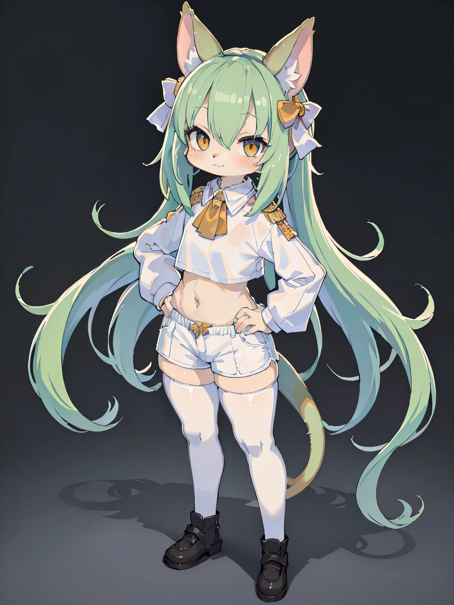 ((Best quality)), ((Masterpiece)), (detailed), ((Masterpiece, highest quality)), ((high quality)), ((Absurd resolution)), ((full body)), ((1 solo girl)), 2d, looking at viewer, female character, furry, shaggy, short hair, light green cream hair, pale white fur color, White fur, Skin fur, young girl, anime girl, perfect face, slim body, hungry, rat girl, cream green rat ears, cream green rat tail, Fluffy tail, thick tail, biggest tail, fluffy body, golden color eyes, dirty appearance, anime, simple white background, tight cropped white sweater top, exposed stomach, Closed shorts, add gold trim to shorts, show thighs, opening on shorts is non-existent, gold edged shorts, tight shorts, no zipper shorts, white lace stockings above the knees, same size stockings, lace stockings, thighs, Ultra-fine fur, crossed bangs, Hairline, Shiny hair, lone nape hair, The smiley face has a faint blush, smiley,sleepy, extra-long sleeves, Light blush, no men, character in the center of the image, standing posture, both hands on hips, small pigtail on each side, anime illustration, standing legs apart pose, hair bow, full body standing straight symmetrical,