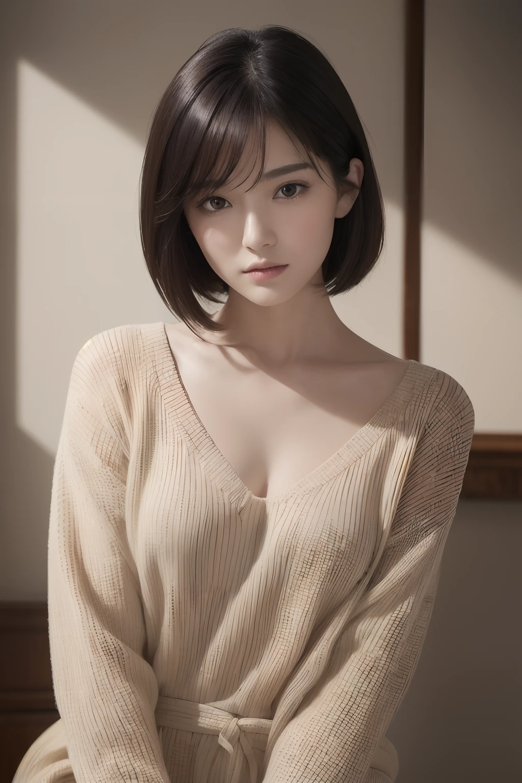 (masuter piece:1.3), (8K, Photorealsitic, Raw photography, top-quality: 1.4), (1girl in), beautiful countenance, (Lifelike face), (A dark-haired, short-hair:1.3), Beautiful hairstyle, realisticeyes, Beautiful details, real looking skin, Beautiful skins, Sweaters, absurderes, enticing, 超A high resolution, A hyper-realistic, high-detail, the golden ratio