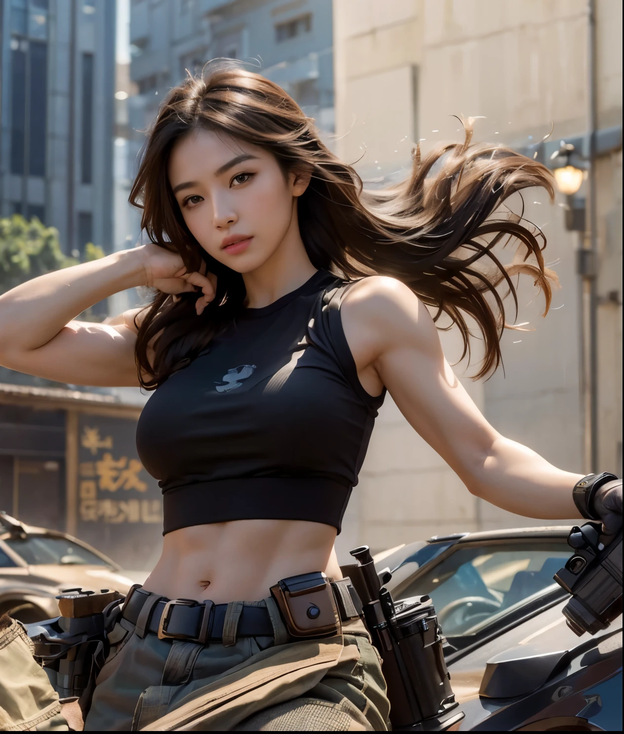 (realistic,photorealistic:1.37),(ultra-detailed), (professional),(sharp focus), (vivid colors), (bokeh),(portrait), (skin texture:1.1), (gun:1.1)