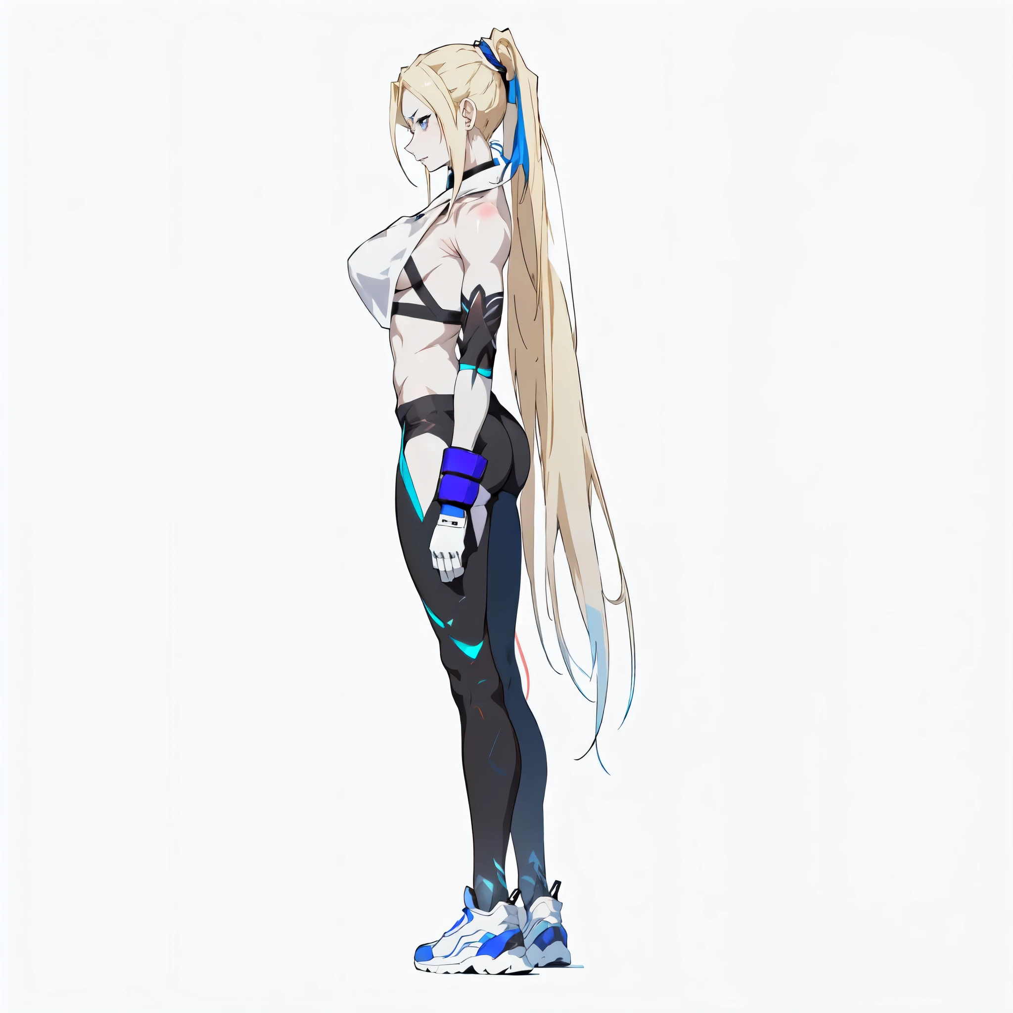 (side view of an anime girl with long blonde hair tied in a ponytail), blue eyes, (thight black yoga pants), (((pale skin))), ((bareback)), ((naked arms)), big breasts, white sneakers with blue details, highly detailed urban cyberpunk character, anime character reference sheet, female anime character, anime character design, full body concept, anime vtuber full body model, anime full body illustration, twintails white_gloves, female action anime girl, ( ( character concept art ) ), full body concept art,