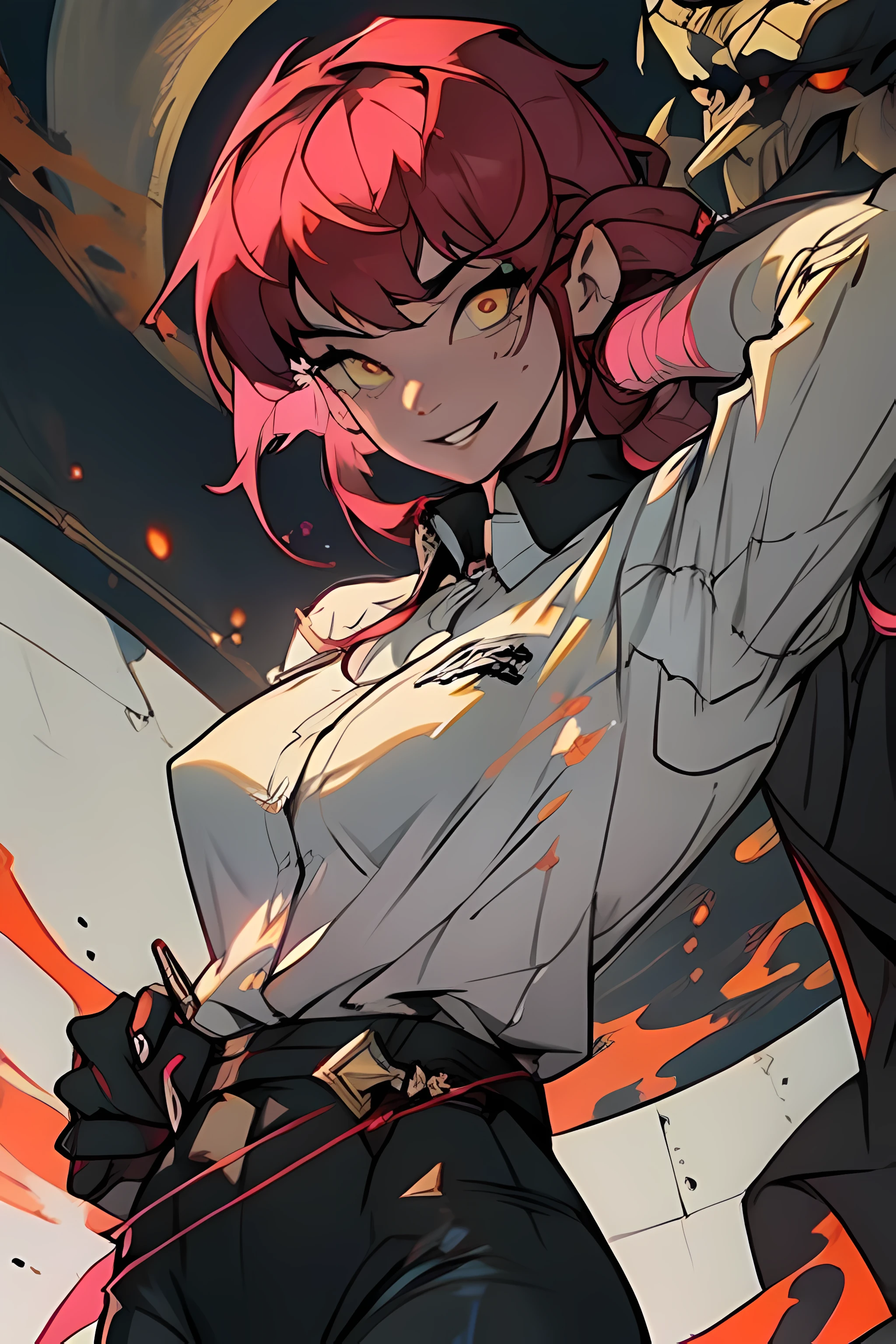 Makima, a paradox wrapped in crimson hues, strides through the world of Chainsaw Man with an enigmatic grace. Her visage, a canvas of contradictions, defies easy categorization. A devil in human guise, she bears the weight of dominion upon her shoulders, and her appearance mirrors this duality.Makima’s eyes, those portals to the abyss, harbor secrets untold. Yellow irises, encircled by crimson rings, pierce through pretense and flesh alike. They hold the weight of dominion—the fear of control—within their depths. When she gazes upon you, it is not mere curiosity but calculation that lingers. Her pupils, like twin eclipses, devour light and reason, leaving only shadows in their wake.Her attire, a uniform of authority, whispers of bureaucracy and bloodshed. Breast enhance size, and her half-dressed jacket adds to her disheveled and sexual powerful look. A white shirt, crisp and unyielding, conceals the sinewy strength beneath. A black tie, a noose of formality, binds her to duty. The pants, tailored to precision, allow for swift movement—necessary when dealing with devils and their ilk. Brown shoes, scuffed by countless battles, ground her to reality.But it is her smile—the deceptive curve of her lips—that beguiles all who encounter her. It stretches across her face, a porcelain mask of benevolence. Yet, look closer. The smile does not reach her eyes; they remain cold, calculating. It is a smile that conceals daggers, a velvet glove over iron claws. When she speaks, her voice drips with honeyed menace, each syllable a thread in her intricate web of control.