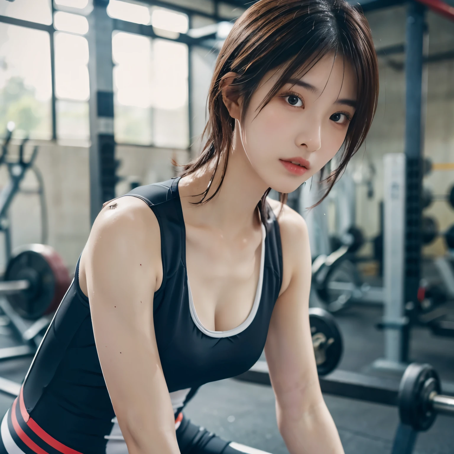 (1 Japan actresses), (forward:1.5), think back, (very detailed美しい顔), wonderful face and naughty eyes, (highest quality:1.4), (super detailed), (very detailed CG 統合 8k 壁紙), very detailed,unusual angle、professional photography, realistic portrait, wonderful face and eyes, (sexy training wear:1.5), Depth of the bounds written, ,short hair、Muscle training、workout、sports gym、drenched in sweat、hair is wet、The whole body is wet
