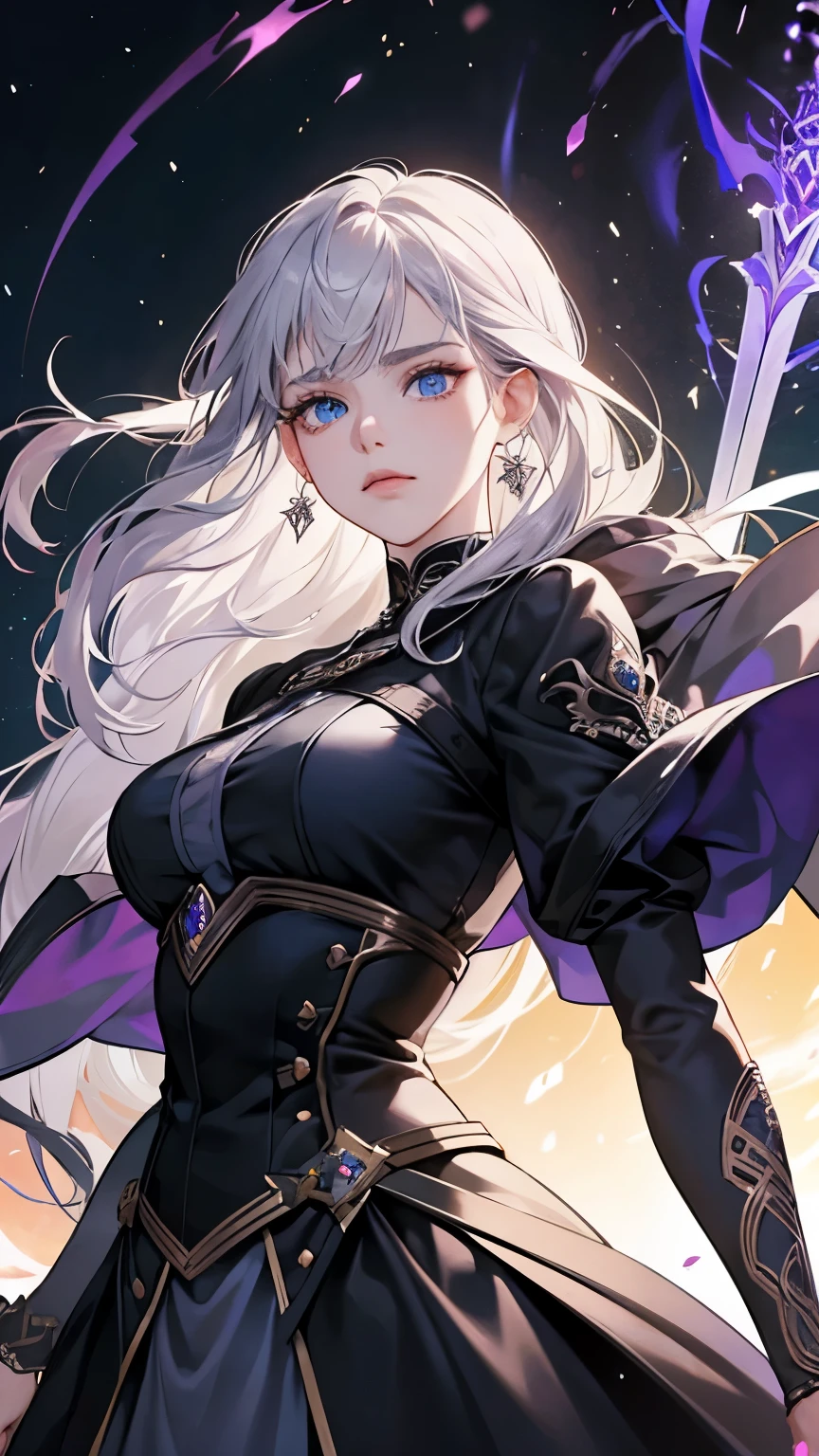 The daughter of a noble family with silver hair and blue eyes.. This woman knows how to use the power of curses. The female protagonist of a romantic fantasy novel who is reborn in the hope of revenge.. Woman under the puppet curse is holding a sword. The background is a black temple. Make it like the cover of a romance fantasy web novel..
