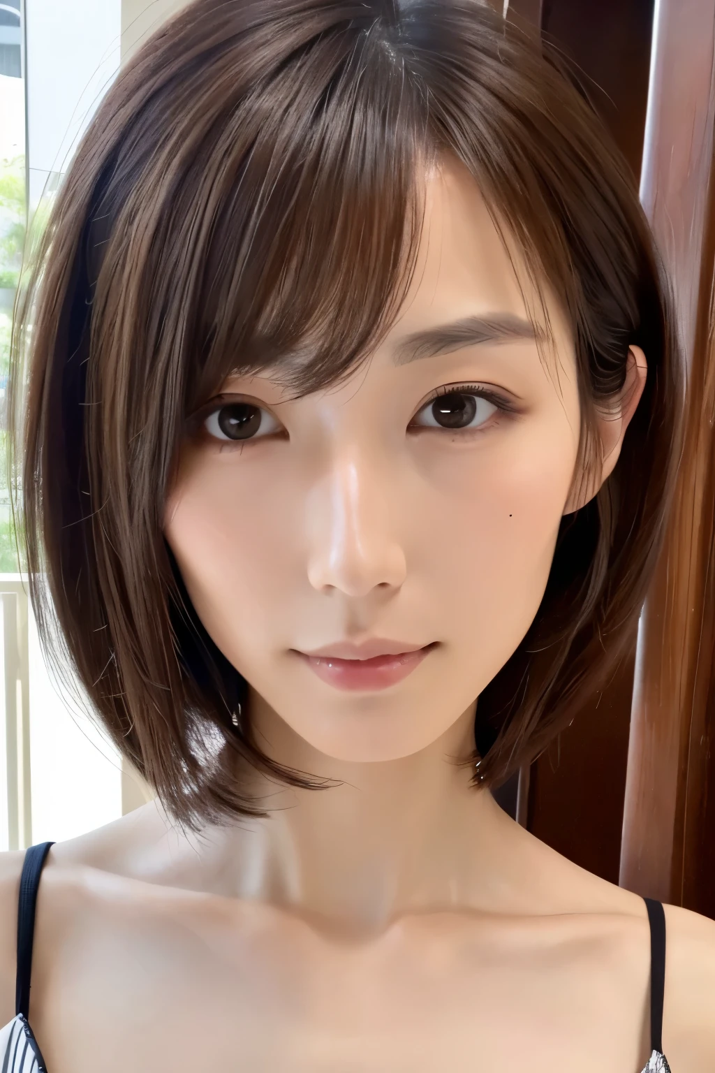 Beautiful handsome woman, ((top-quality, 8K, masterpiece:1.3)), Skinny Japanese lady, 1girl, :1.3, slender figures:1.1, elastic dark brown hair, extra detailed face, Detailed lips, A detailed eye, Extraordinary beauty