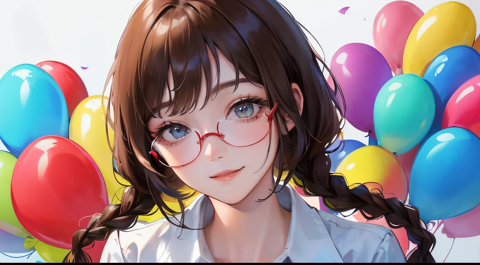 (((1 woman)))、Masterpiece,best quality,  ((One red balloon is floating))), determined expression, white shirt、upper body diagram、Glasses、((shy smile))、
(highest resolution、clear_image)、best quality、contrast of light and shadow、((illumination))、very detailed、semi-realistic、braided hairstyle、brown hair、bangs、20-year-old、office　Lady,,young、((View from the front))、delicate facial features facial features、