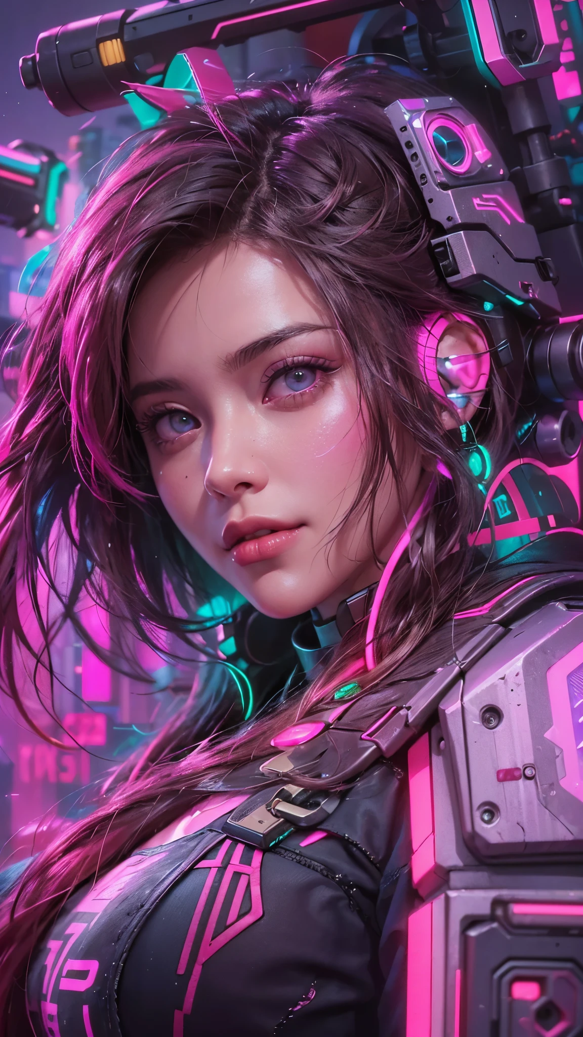 (Top image quality), (8K picture quality),(master piece), (very detailed image textures), (cyber punk perssonage),(beautiful effects), (vibrant colors), (detailed face),(detailed hair), (detailed eyes), (cyberpunk cityscape:1.4), (cyberpunk city landscape:1.5),vivid colors, cinematic lights, cinema shadows, sharp image, bright sprites, (pink neon lights:1.5),flashing red, lightparticle effects, 1 female, 28 years old, (beautiful:1.4), brunette hair,(dark hair:1.3+pink hair:1.2), (confident smile:1.2),(Gatling gun:1.5) (photo from bottom up),