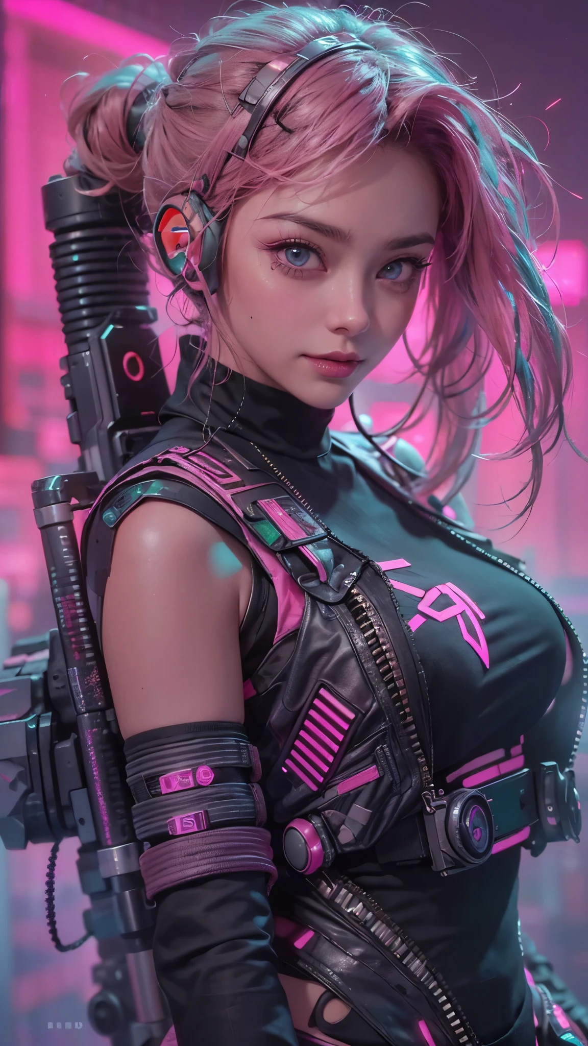 (Top image quality), (8K picture quality),(master piece), (very detailed image textures), (cyber punk perssonage),(beautiful effects), (vibrant colors), (detailed face),(detailed hair), (detailed eyes), (cyberpunk cityscape:1.4), (cyberpunk city landscape:1.5),vivid colors, cinematic lights, cinema shadows, sharp image, bright sprites, (pink neon lights:1.5),flashing red, lightparticle effects, 1 female, 28 years old, (beautiful:1.4), brunette hair,(dark hair:1.3+pink hair:1.2), (confident smile:1.2),(cyberpunk outfit),(Gatling gun:1.2) (photo from bottom up),
