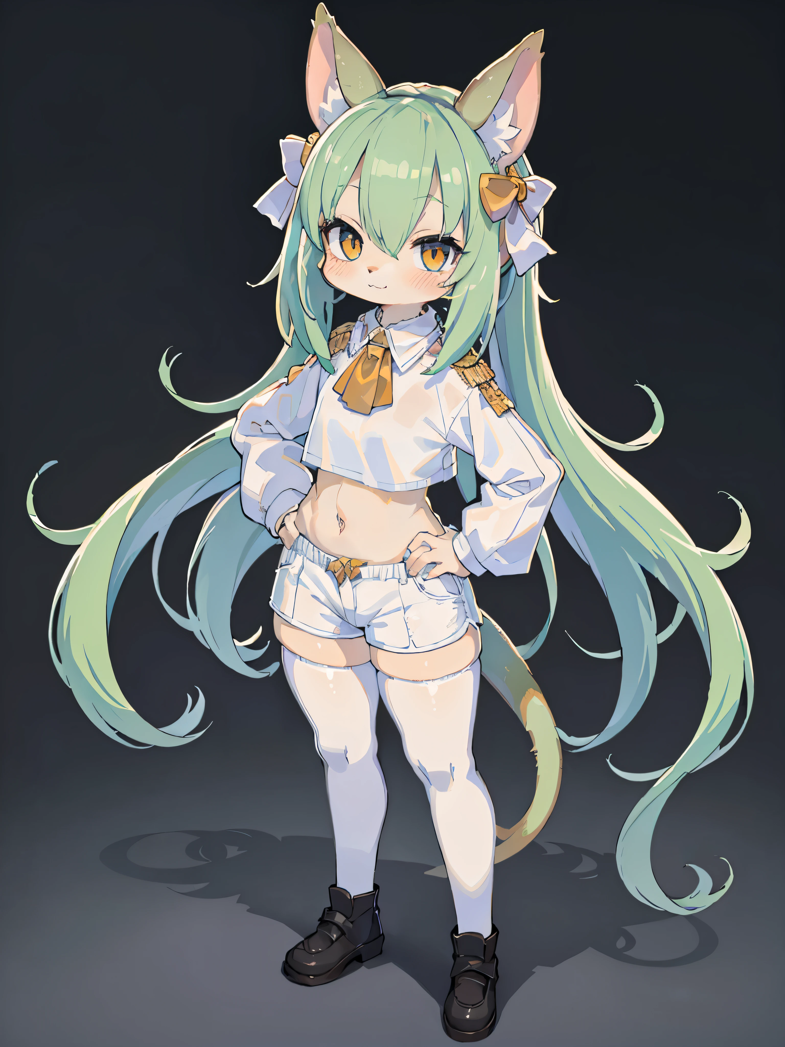 ((Mejor calidad)), ((Obra maestra)), (detallado), ((Obra maestra, of the highest quality)), ((Alta calidad)), ((absurd resolution)), ((cuerpo completo)), ((1 solo girl)), 2d, Mirando al espectador, personaje femenino, peludo, lanudo, cabello corto, cabello crema verde claro, pale white coat color, piel blanca, piel de piel, chica joven, chica anime, cara perfecta, cuerpo delgado, Hambriento, chica rata, orejas de rata verde crema, cola de rata verde crema, cola esponjosa, cola gruesa, biggest tail, cuerpo esponjoso, ojos color dorado, Aspecto sucio, anime adolescente, fondo blanco sencillo, fitted and cropped white sweater, exposed stomach, pantalones cortos cerrados, agregar adornos dorados a los pantalones cortos, show muslos, la apertura en pantalones cortos es inexistente, pantalones cortos con bordes dorados, pantalones cortos ajustados, pantalones cortos sin cremallera, white medias de encaje above the knees, same size stockings, medias de encaje, muslos, Pelaje ultrafino, flequillo cruzado, Hairline, Cabello brillante, pelo de nuca solitario, The sonriente face has a faint blush, sonriente,somnoliento, Mangas extralargas, rubor ligero, no hombre, personaje en el centro de la imagen, postura de pie, ambas manos en las caderas, small pigtail on each side, animated illustration, postura de pie con las piernas separadas, lazo para el pelo, cuerpo completo standing straight symmetrical,
