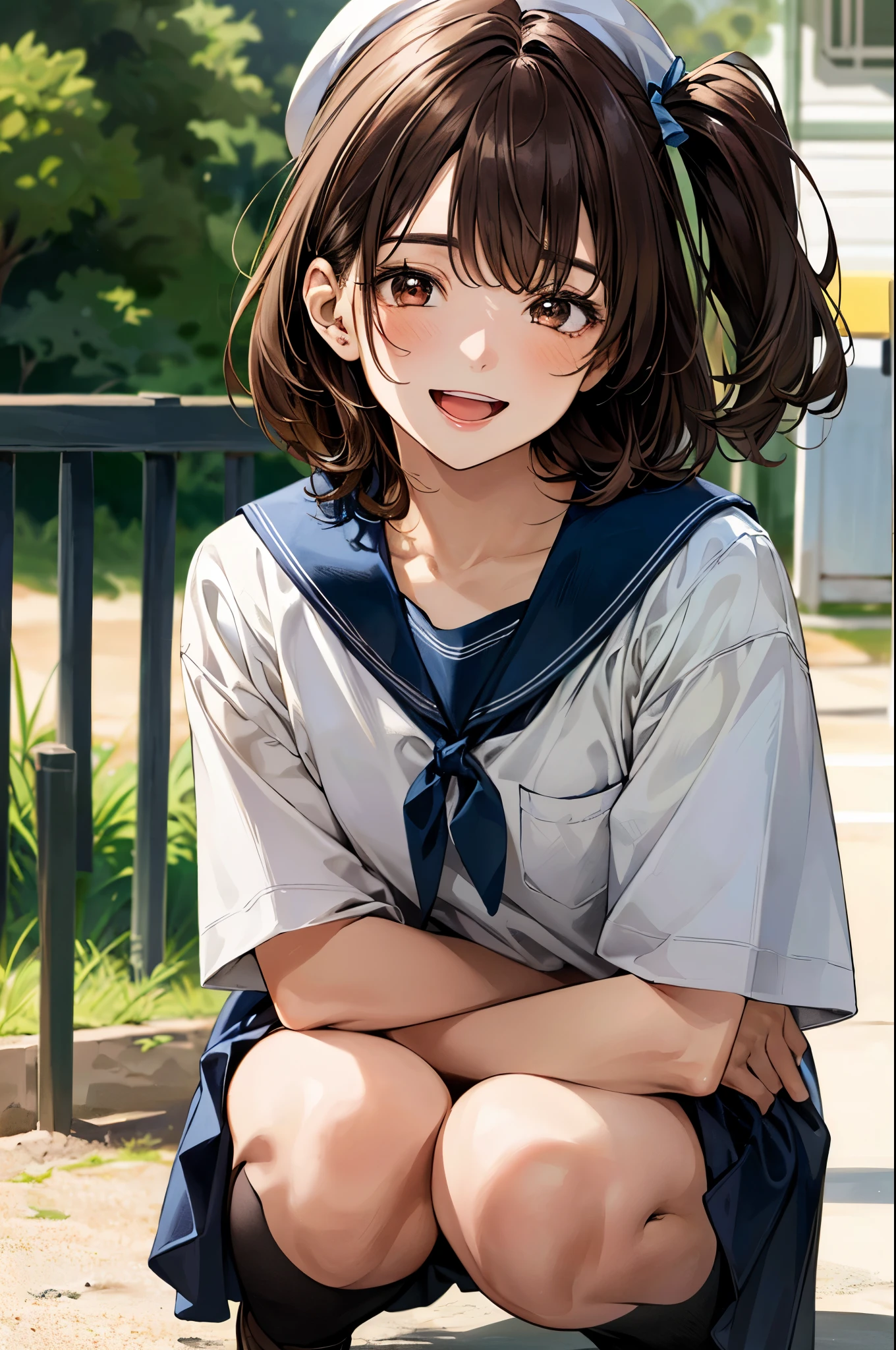(masterpiece:1.2, top-quality, ultra high res, ultra detailed), (realistic, photorealistic:1.4), beautiful illustration, colorful, (natural side lighting, movie lighting), 
looking at viewer, ((1 female )), japanese, ((kindergartners, 5 years old)), perfect face, (perfect anatomy), cute and symmetrical face, shiny skin, tiny, 
(short hair:1.1, (two side up:1.2), red brown hair), asymmetrical bangs, brown eyes, drooping eyes, big eyes, long eye lasher, (), 
beautiful hair, beautiful face, beautiful detailed eyes, beautiful clavicle, beautiful body, beautiful chest, beautiful thigh, beautiful legs, 
((detailed cloth texture, light blue nursery uniform smock, yellow school hat)), 
(beautiful scenery), depth of field, evening, (park, sandpit), squatting, (happy smile, upper eyes, open mouth),