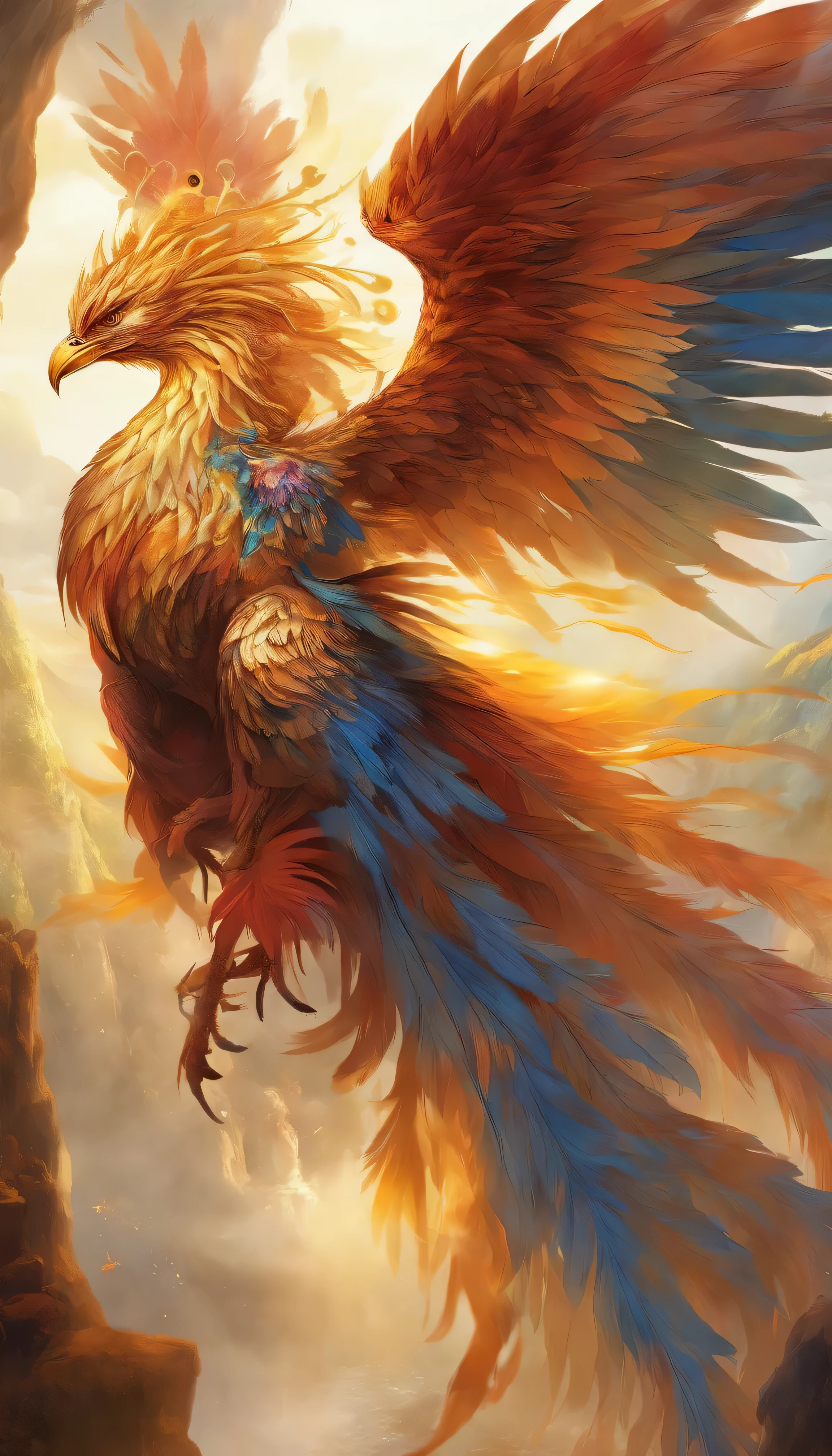 chiaroscuro, god'Light, close, from below, hyper hd, Accurate, masterpiece, Super detailed, high quality, advanced details, award-winning, 最high quality, High resolution, 8k
((close of the flying legendary Vermilion Bird)) 山と海の古典に登場するgod獣たち, Complete body, Transparent feathers, Suzaku with angry eyes like a phoenix,(Like a phoenix),(Has golden wings and golden claws.)。That cry is like the sound of paralysis,and a big yellow cave well,masterpiece,超High resolution,Create stunning photos with exquisite details, Spectacular Effects
