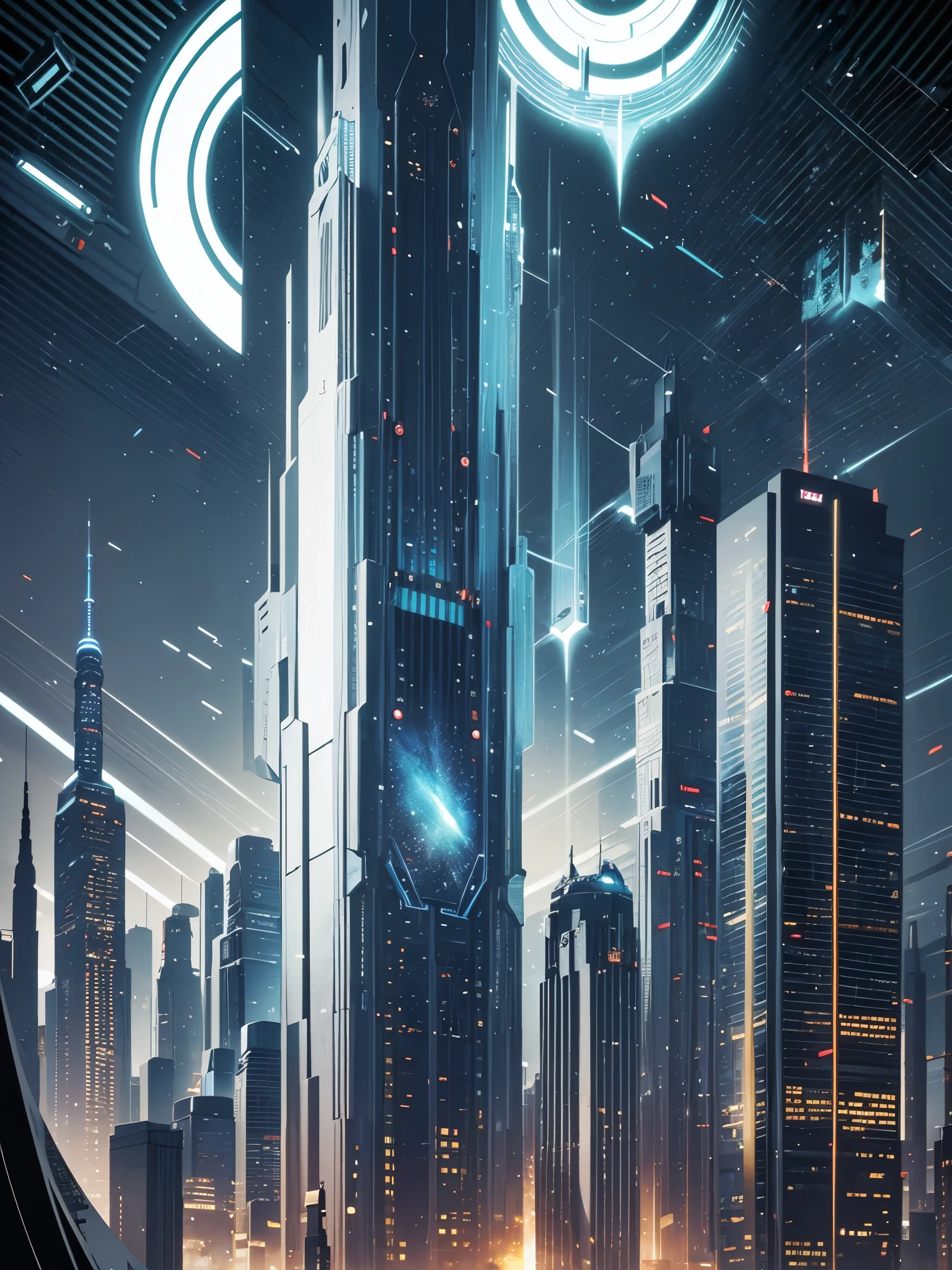 ((highest quality)),(ultra high resolution),(Super detailed),(detailed description),((best CG)),(best work of art),super precision art,amazing drawing art,(Art with precise details:1.5), world in the distant future、Civilization is at its peak, and skyscrapers illuminate the night world.。