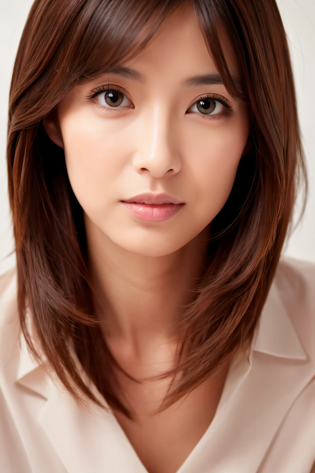 Beautiful handsome woman, ((top-quality, 8K, masterpiece:1.3)), Skinny Japanese lady, 1girl, :1.3, slender figures:1.1, elastic dark brown hair, extra detailed face, Detailed lips, A detailed eye, Extraordinary beauty