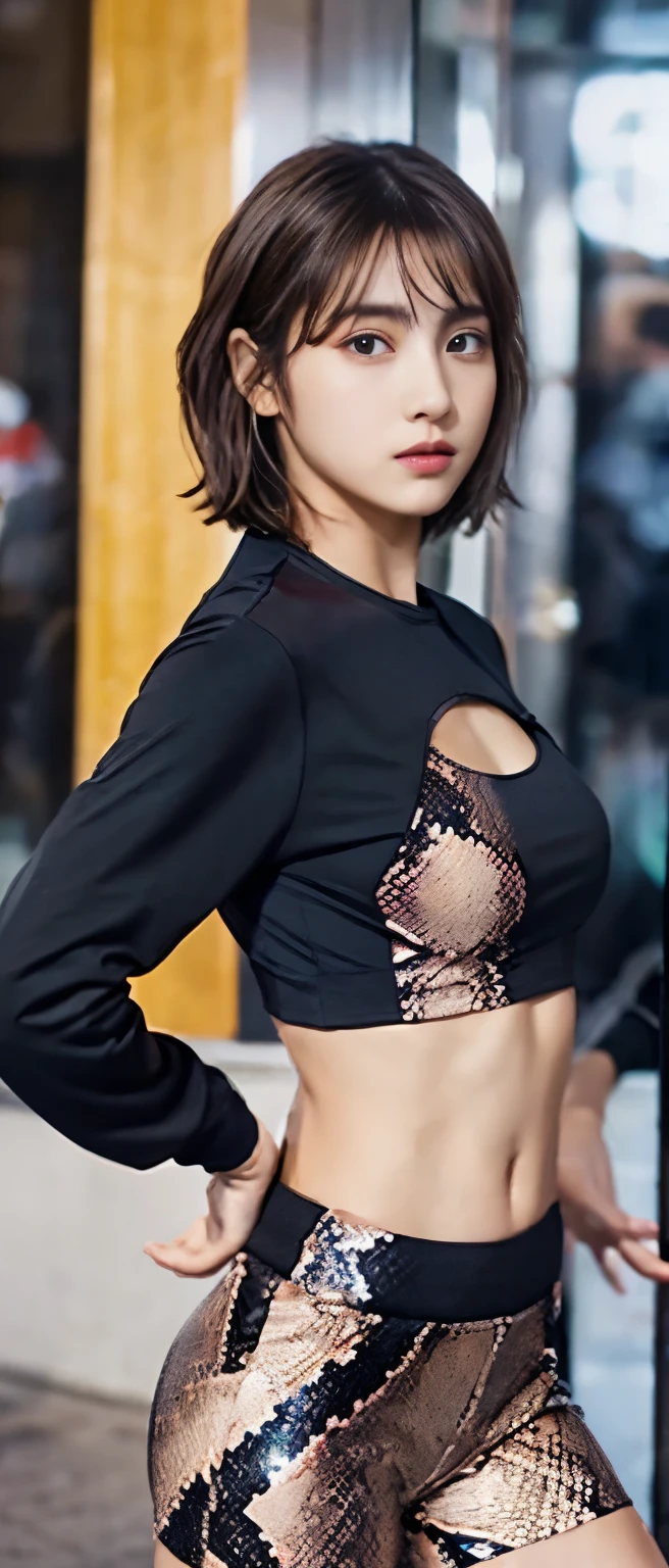 punk idol、whole body、good style、、、、、snakeskin tight shorts、track jacket、brown hair