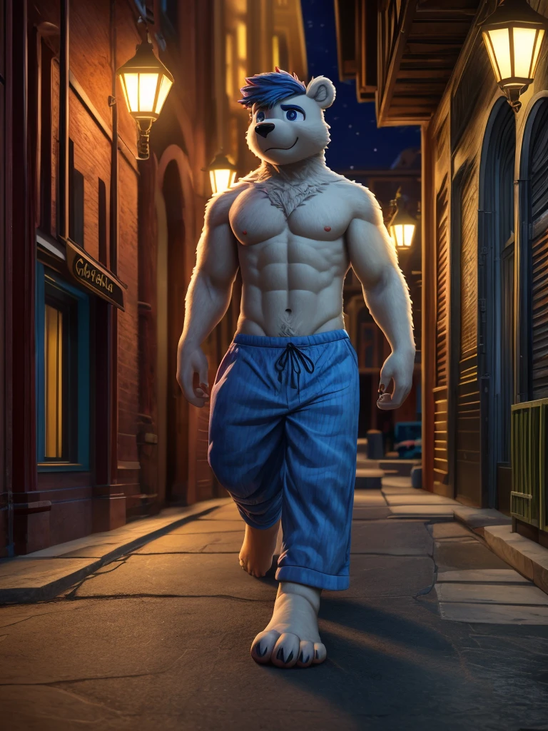(((Barefoot furry character, full body, furry male.)))
Ice bear boy sleepwalking on night street, hypnotised brawny boy wears blue pajama (long pants), wears black socks on feet with green spiral on soles.
BREAK, detailed background, 8K, (masterpiece:1.5), intricate details, highly detailed, extreme detail, octane render, anime, fine art, best quality, highres, (detailed face:1.5), ((full_body)), UHD, (((perfect hands))), low ligth:1.2