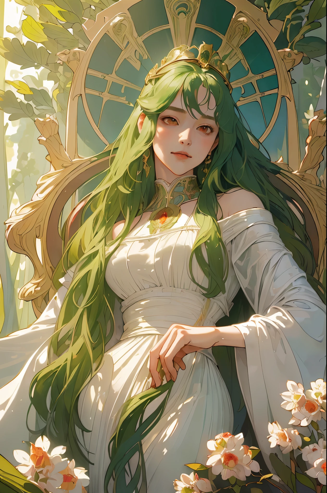 Anime girl with long green hair sitting in a chair - SeaArt AI