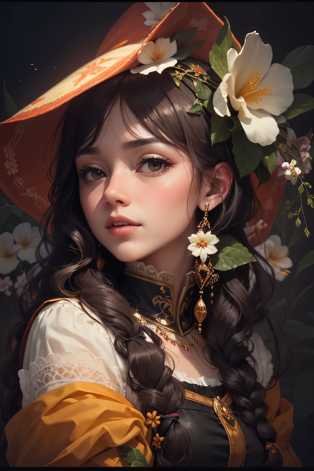 Beautiful detailed frost frost frosty Hawaiian white orange yellow winter queen soft many pink Hawaiian flowers hyperdetailed portrait 8k Leonardo da Vinci
