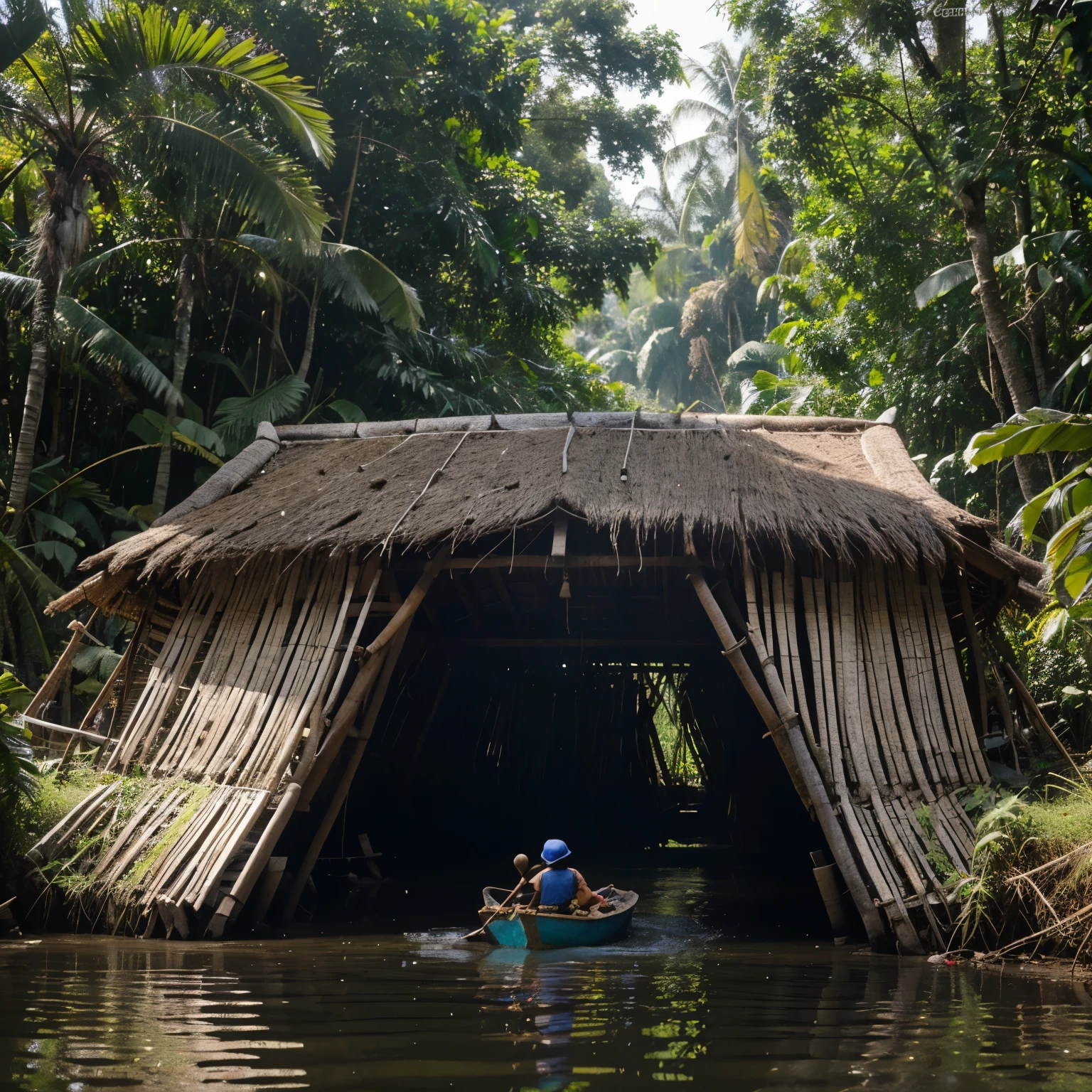 Sebuah gubuk tua kecil, terapung di tepi sungai, di atas panggung kayu, terbuat dari kayu lapis dan atap seng, di belakangnya ada sawah hijau, palem kelapa dan pohon pisang, burung-burung terbang dan dermaga perahu, berkontribusi terhadap keseluruhan tekstur, resolusi super rinci, tinggi detail.