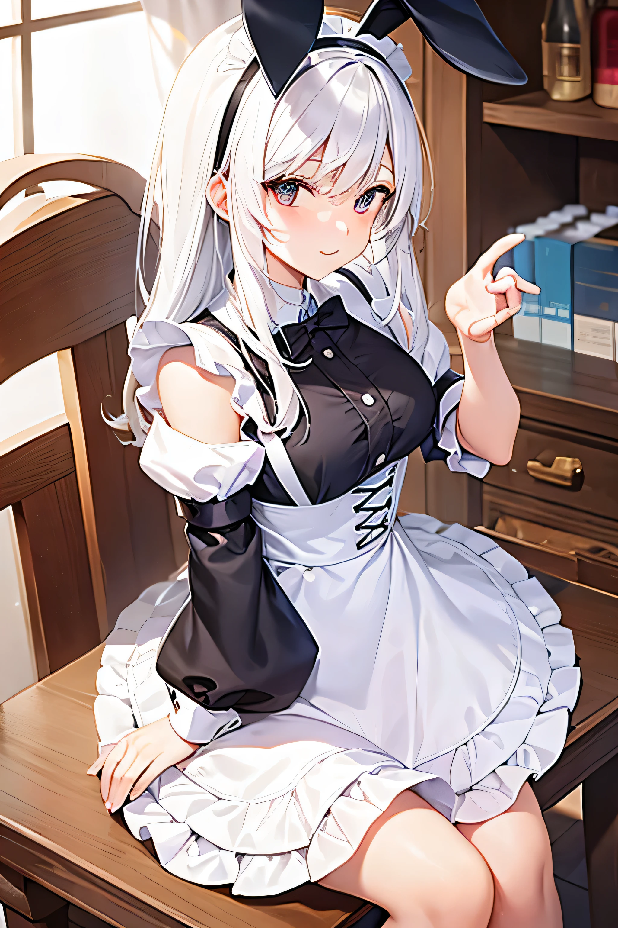 gray hair, maid outfit, bunny ears, cute