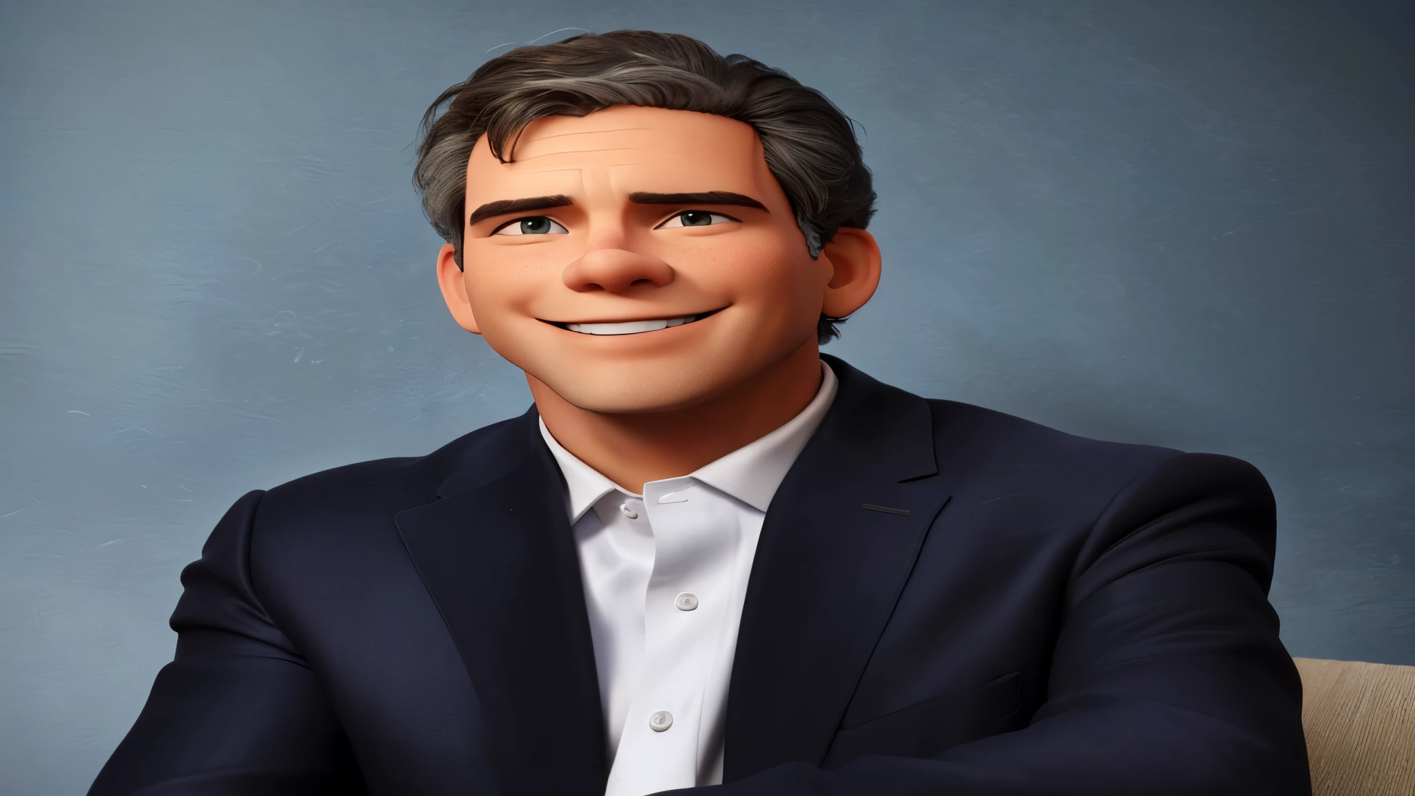 A man smiling for the camera in Pixar style, (best quality, high-res, high-resolution, masterpiece:1.2), (ultra-detailed, highly detailed), (realistic, photorealistic, photo-realistic:1.37), vibrant colors, (portraits, animation), Pixar lighting, 3D rendering.