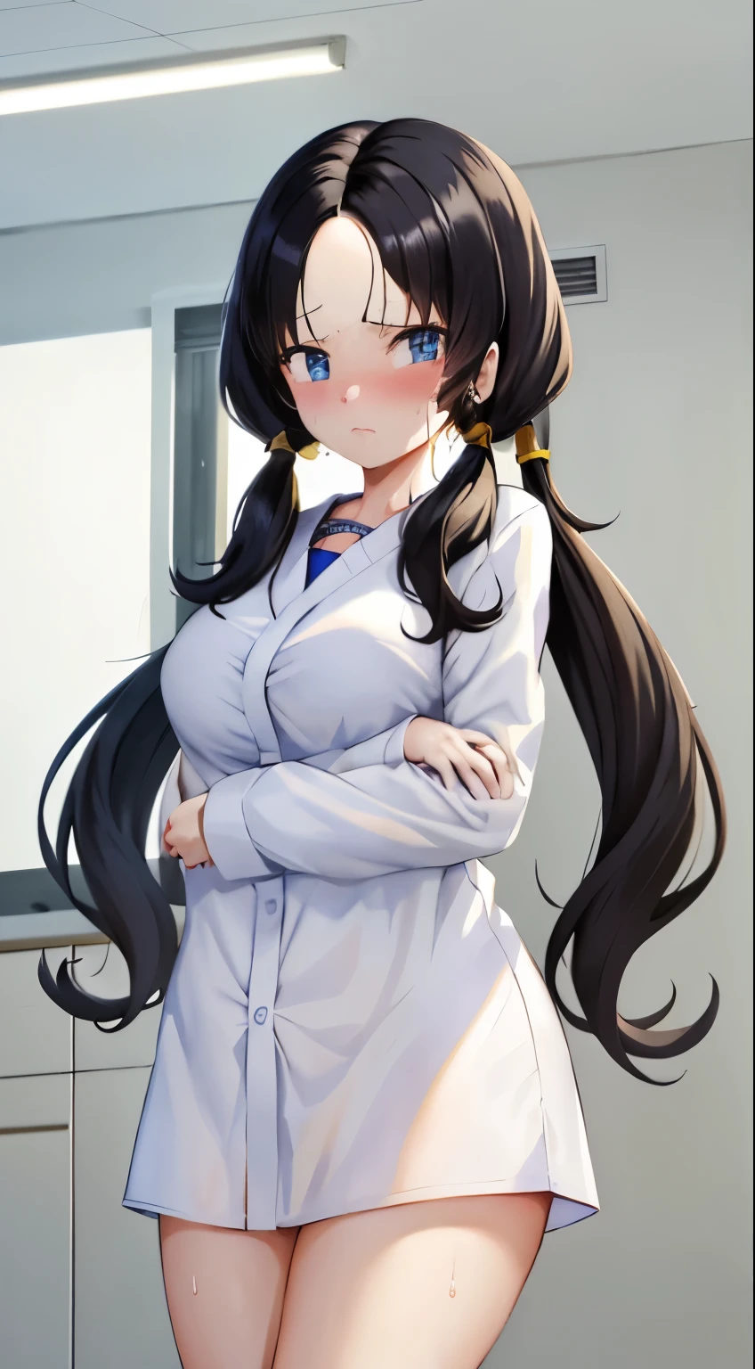 masterpiece, highest quality, High resolution, girl,saw 2, blue eyes, black hair, Low twintails and short cut, medium breasts, frown,blush, Sweat,girl1名,Scholars wear long white lab coats, streak,looking at the viewer,Research room,