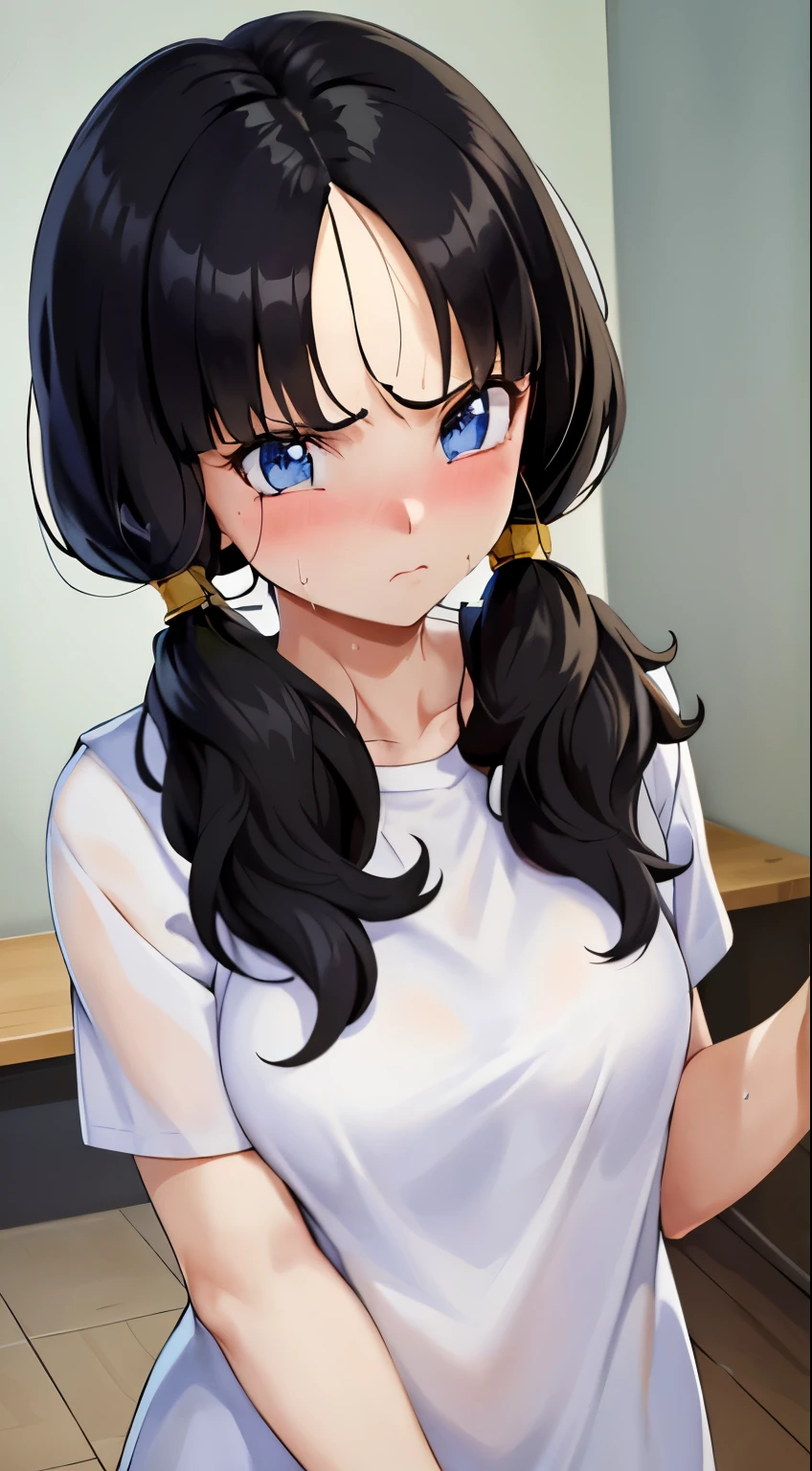 masterpiece, highest quality, High resolution, girl,saw 2, blue eyes, black hair, Low twintails and short cut, medium breasts, frown,blush, Sweat,girl1名,Scholars wear long white lab coats, streak,looking at the viewer,Research room,