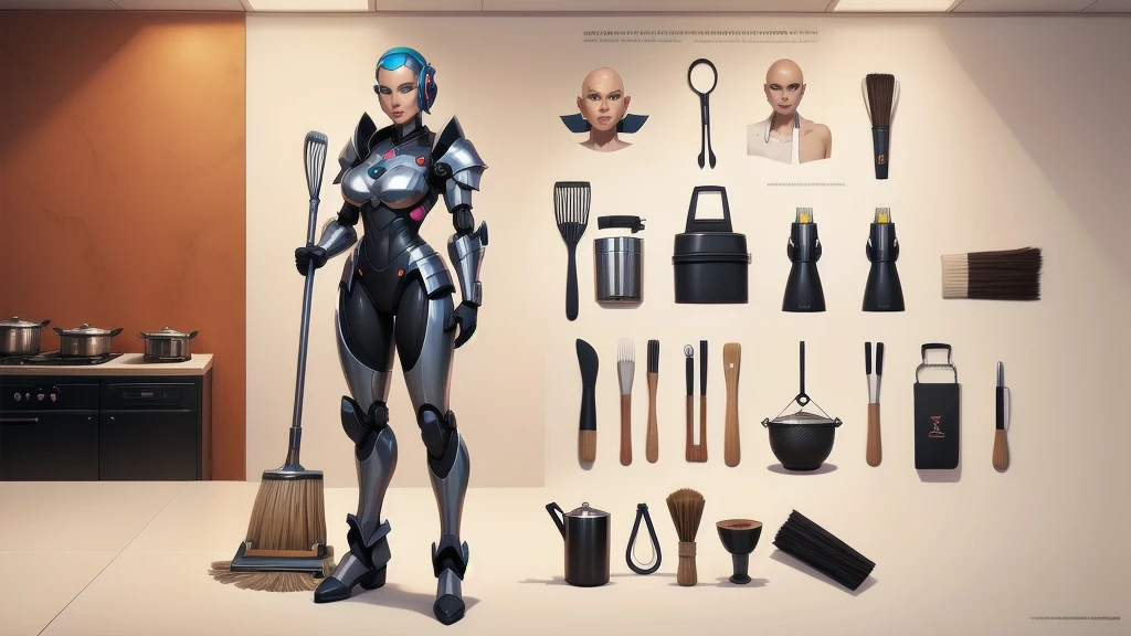 (character design sheet of female Life Support Robot) realistic, detailed, camera eyes, metalic face and skin, bold head, no hair, flexible armor, standing posture, light background, vibrant colors, professional concept art style, high resolution, studio lighting, fine details, fry pan, two-handled pot, single-handled pot, kitchen knife, ladle, spatula, tongs, broom, mop, vacuum cleaner, brushes  , dynamic pose, 