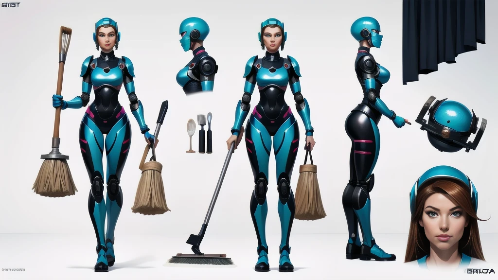 (character design sheet of female Life Support Robot) realistic, detailed, camera eyes, metalic face and skin, bold head, no hair, flexible armor, standing posture, light background, vibrant colors, professional concept art style, high resolution, studio lighting, fine details, fry pan, two-handled pot, single-handled pot, kitchen knife, ladle, spatula, tongs, broom, mop, vacuum cleaner, brushes , dynamic pose, gigantic breasts, huge ass