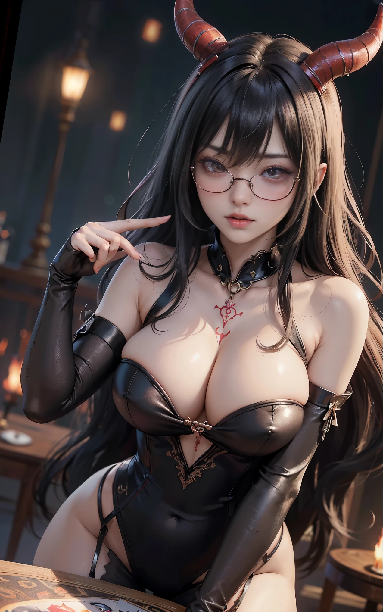 got itですかですか、(best illustrations)、8k UHD resolution、intricate details、highest quality、realistic、Super detailed、best lighting、best shadow、soft lighting、ultra hd、超realistic、Tyndall effect、Photoreal、(high detail skin:1.2)、 (intricate details, compensate, face to face with the children_v1:0.5), (got it, beautiful and delicate face, got itですか, beautiful and delicate eyes, perfectly proportioned face, high resolution skins, fine skin, Optimal ratio of 4 fingers and 1 thumb, arm under chest, red tattoo on lower abdomen、Wow wow, wide hips, smooth abdomen, thin and thin skin, __fashion__, __hair__:1.25)、Digital single-lens reflex camera、 absurd、(table top: 1.3), (maximum resolution: 1.2), (ultra hdTV: 1.2), cinematic light, fine eyes and skin, detailed facial features, , (sharp focus: 1.2), (focus on the face:1.2),perfect style, beautiful face, acura, anatomically correct, Highly detailed face and skin texture, fine eyes, double eyelid, thin eyebrows, glitter eyeliner: 1 natural cheeks, Glossy skin, Fair skin: 1.2, (glossy lips: 1.4),(embarrassed look: 1.2),Highly detailed face and skin texture, fine eyes, double eyelid, natural cheeks, glossy lips: 1.4,exposed cleavage、Bewitching。charm、 Beautiful devil woman from hell, デヴィッド・ホックニーとアルフォンス・ミュシャによる超realistic女性の肖像画, charm女性の肖像画、fantasy art, Chinese humanoid robot、chinese actress、dungeon、dragon、devil'palace of、devil'torture chamber、night、dark style 、in the dark、(detailed spooky background:0.8), magic、 1 girl、evil nun、dark necromancer、Succubus、devil'Daughter of、Shinonome Umi、bat wings,(((devil'Horn)))、 ((((giant glasses, otaku glasses, thick glasses, round glasses)))),(((big breasts)))、(devil'tail)、(red eyesは光り輝いて:1.6)、red eyesは非常に鮮明で詳細です, your eyes are so beautifully made, ((red eyes:1.0)),intricate tattoo, demonic intricate tattoo, thigh tattoo, body tattoo, masterpiece、最もbeautiful face、baby face、cute smile、beautiful plump red lips、筋肉のcharm体、devilのcharm体、devil style、charmブラックマジックコスチューム、The long-haired、Braid、Black hair、Ponytail distortion、, Ponytail with a bow tied at the back of the hair, beautiful expression、body up、big breasts強調、bust, super tight chest, Breast augmentation surgery, Breasts are very big and round,tight waist、wide ass、 secret key, cowboy lens, (black phoenix dress: 1.0), devil crown, red gemstone necklace、Jewelry G Wise, Please wear black mesh socks,wearing light red、nffsw, nffsw, Meeting beautiful girls, look at the girl'Main body,