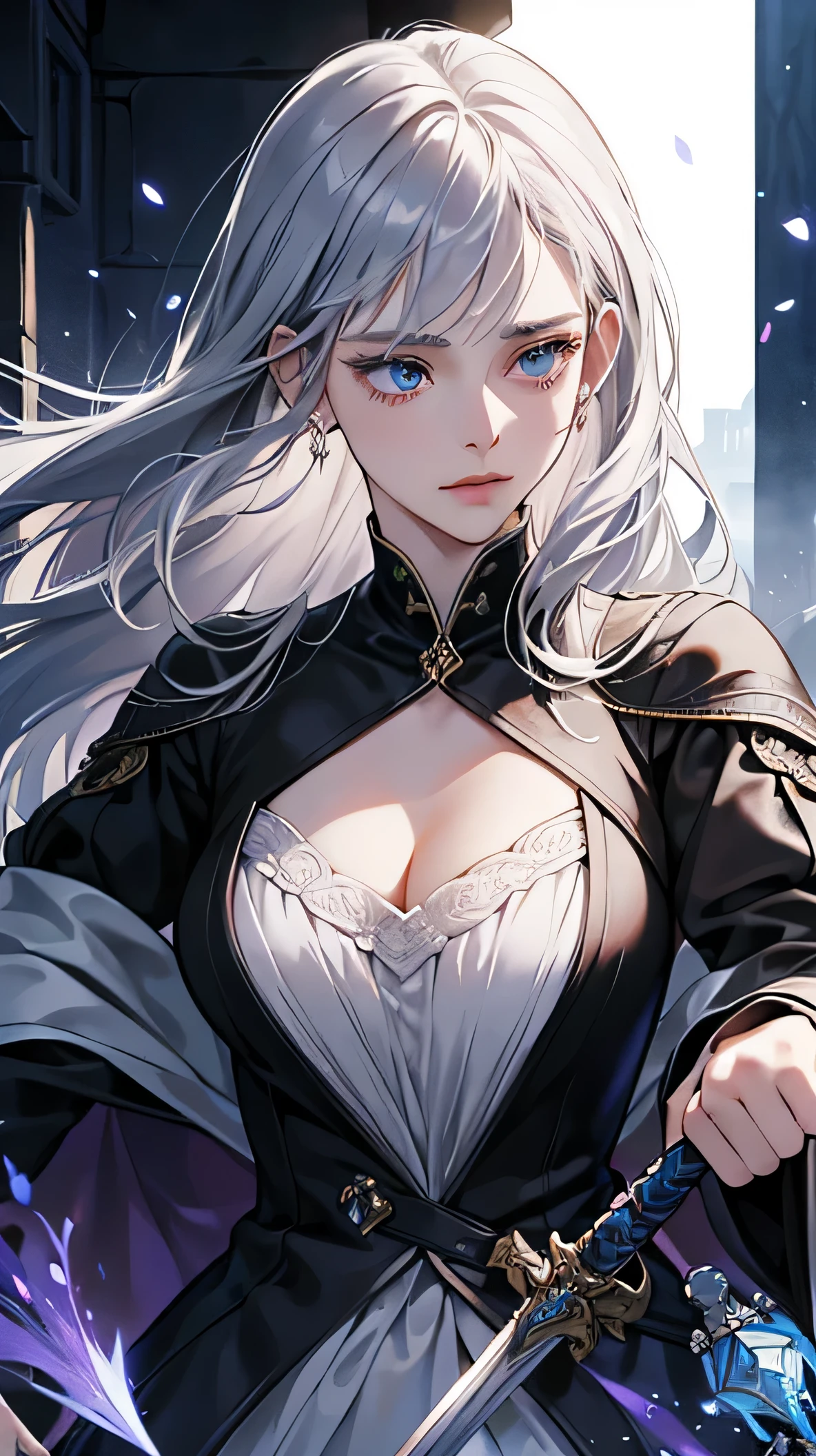 Daughter of a noble family with silver hair and blue eyes.. This woman knows how to use the power of curses. The heroine of a romantic fantasy novel reborn with a dream of revenge.. A woman cursed to be a puppet is holding a sword. The background is a black temple. Make it like the cover of a romance fantasy web novel...