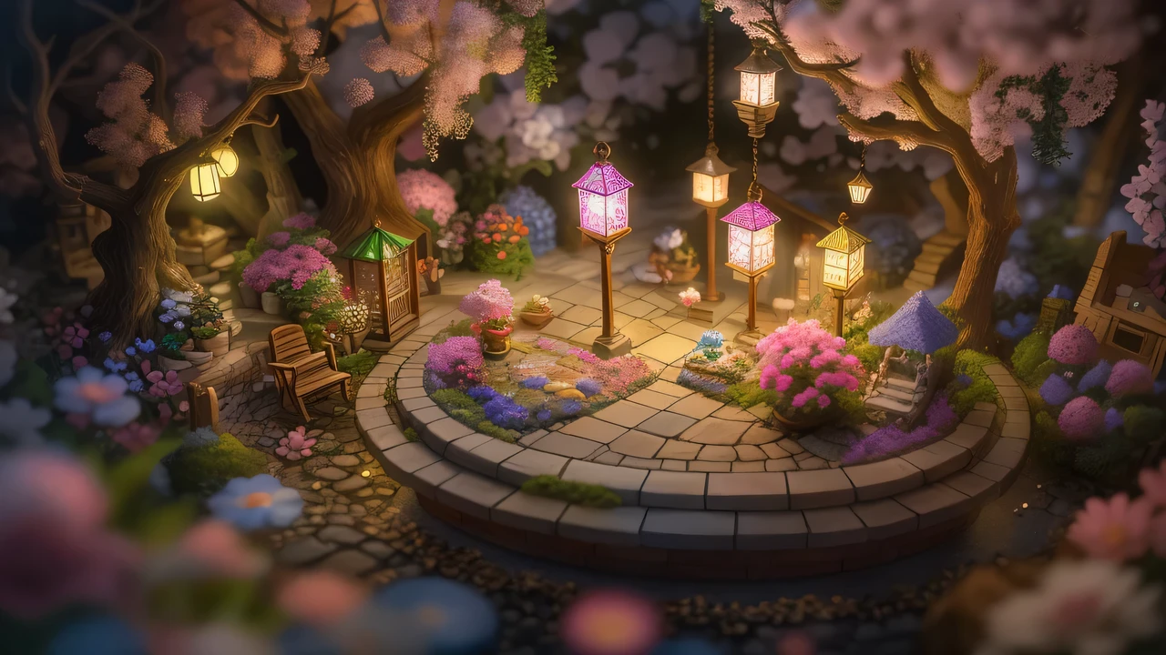 Magic garden miniature scene, Delicate flowers and branches illuminated by soft light,, Illuminated by happy smiling miniatures. 8K Autorealist、cozy cafe、Lots of crystals、far and near method