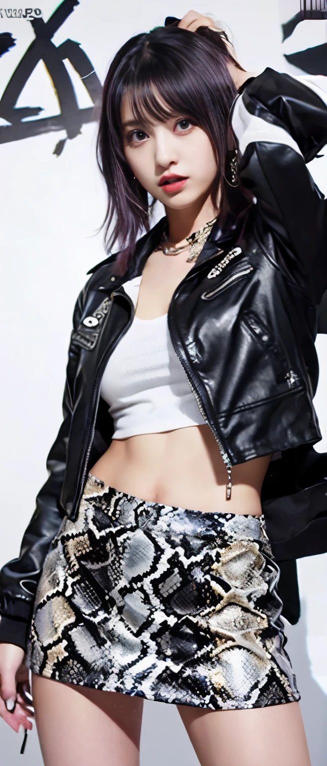punk idol、whole body、good style、、、、、Snakeskin tight mini skirt、punk jacket、