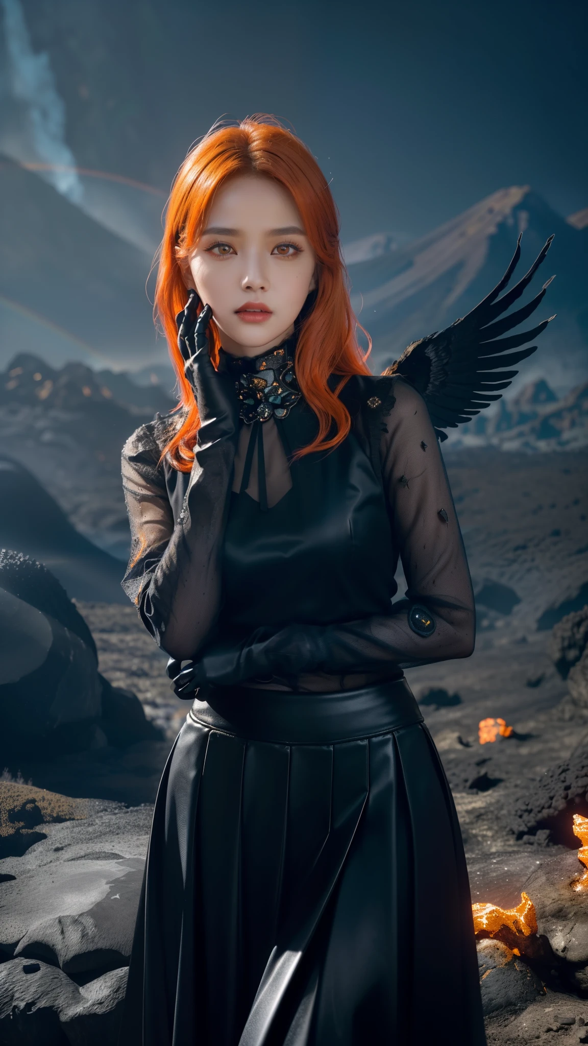 (Dark Bloom), kpop idol, orange hair, yellow eyes, (black skirt, gloves, black shirt), wings, sparkling clothing, (mountains, orange fire, dark background, rocks. lava), (realistic:1.2), (masterpiece:1.2), ((Cowboy-shot:1.2), dark romantic lighting, (highly detailed:1.2),(detailed face:1.2), (gradients), colorful, detailed eyes, (natural lighting:1.2), solo 