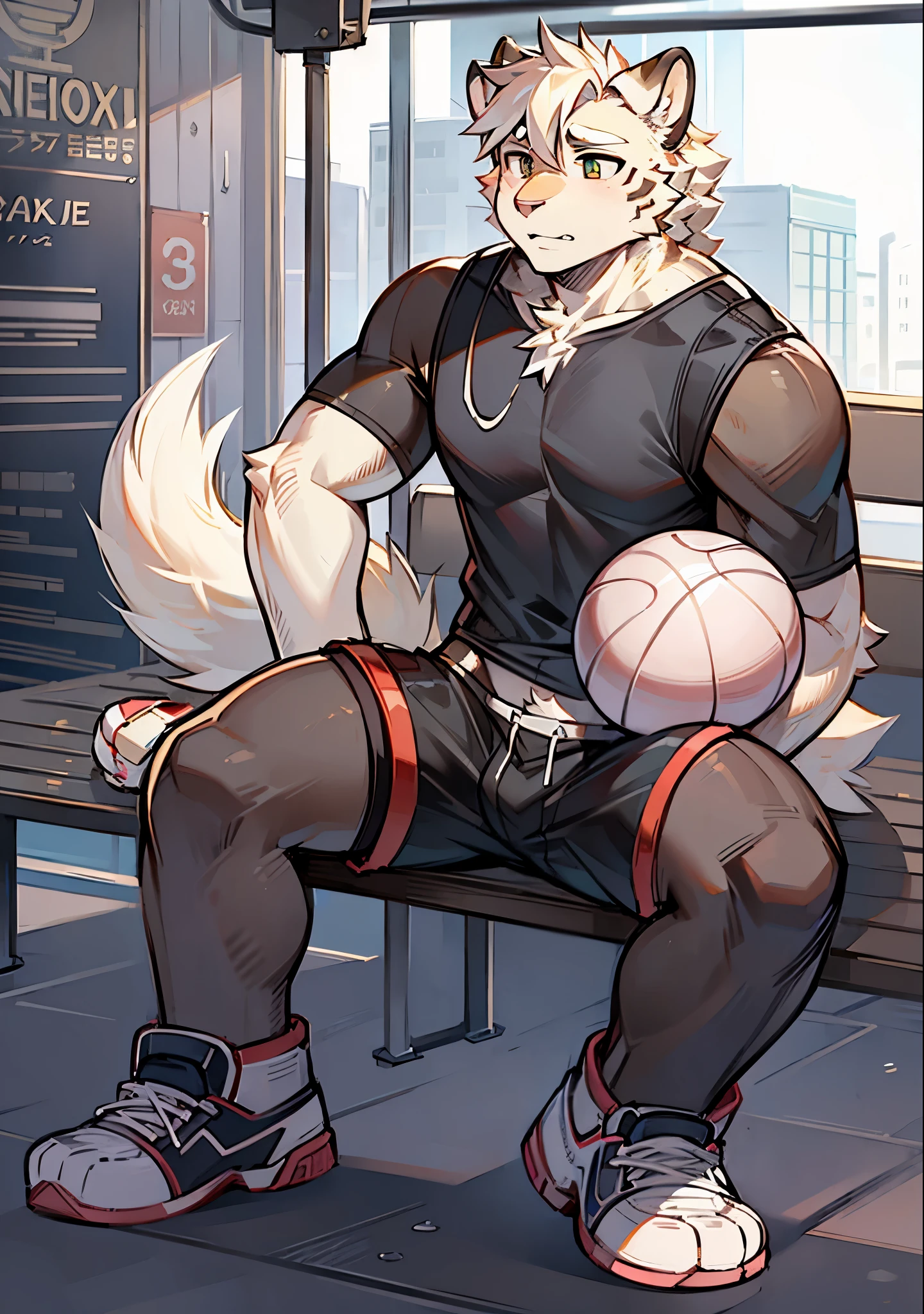 A white tiger boy，Physically strong，sit on a bench，Wear a black vest，black sports shorts，Wearing white socks and basketball shoes on feet
