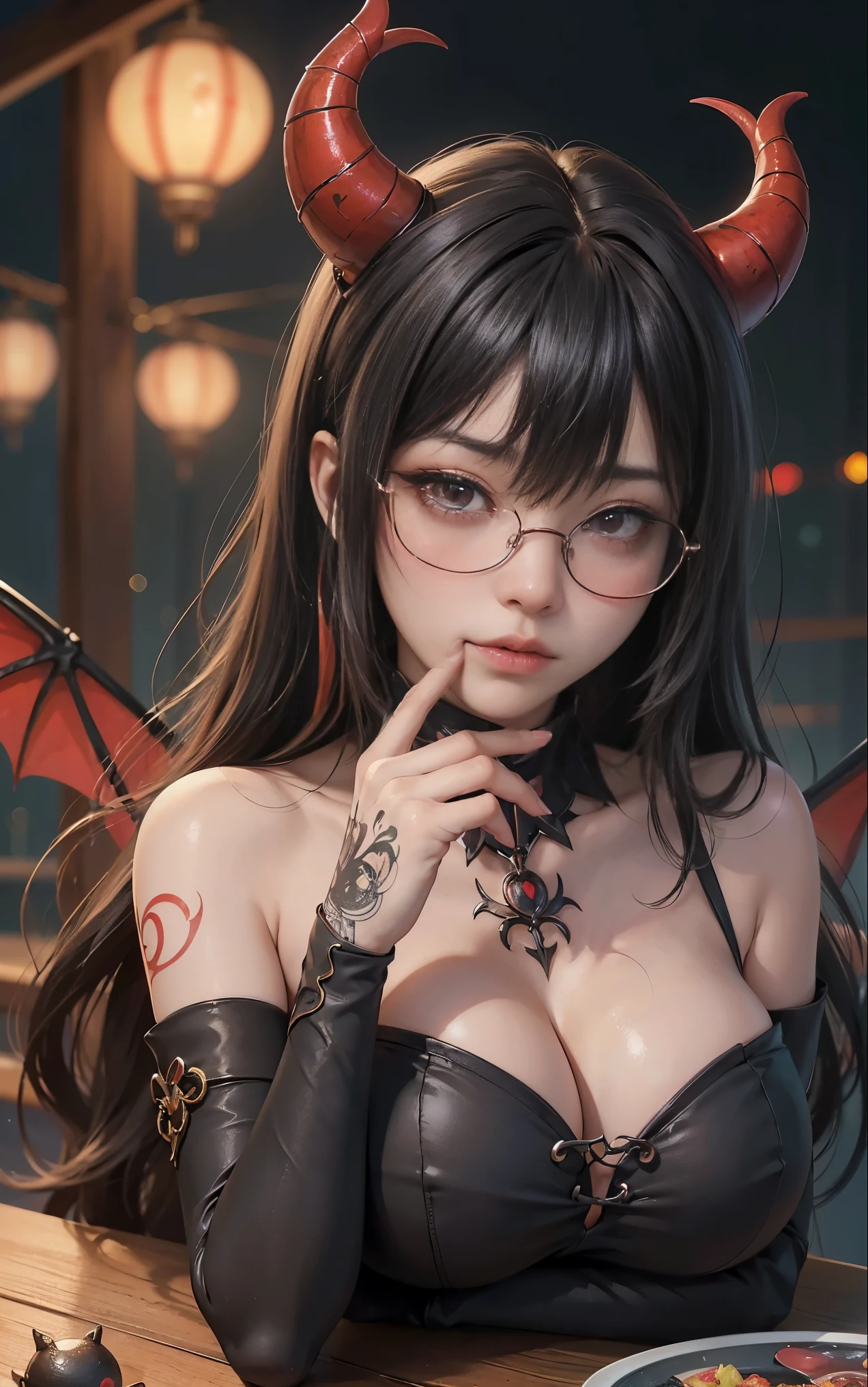 got itですかですか、(best illustrations)、8k UHD resolution、intricate details、highest quality、realistic、Super detailed、best lighting、best shadow、soft lighting、ultra hd、超realistic、Tyndall effect、Photoreal、(high detail skin:1.2)、 (intricate details, compensate, face to face with the children_v1:0.5), (got it, beautiful and delicate face, got itですか, beautiful and delicate eyes, perfectly proportioned face, high resolution skins, fine skin, Optimal ratio of 4 fingers and 1 thumb, arm under chest, red tattoo on lower abdomen、Wow wow, wide hips, smooth abdomen, thin and thin skin, __fashion__, __hair__:1.25)、Digital single-lens reflex camera、 absurd、(table top: 1.3), (maximum resolution: 1.2), (ultra hdTV: 1.2), cinematic light, fine eyes and skin, detailed facial features, , (sharp focus: 1.2), (focus on the face:1.2),perfect style, beautiful face, acura, anatomically correct, Highly detailed face and skin texture, fine eyes, double eyelid, thin eyebrows, glitter eyeliner: 1 natural cheeks, Glossy skin, Fair skin: 1.2, (glossy lips: 1.4),(embarrassed look: 1.2),Highly detailed face and skin texture, fine eyes, double eyelid, natural cheeks, glossy lips: 1.4,exposed cleavage、Bewitching。charm、 Beautiful devil woman from hell, デヴィッド・ホックニーとアルフォンス・ミュシャによる超realistic女性の肖像画, charm女性の肖像画、fantasy art, Chinese humanoid robot、chinese actress、dungeon、dragon、devil'palace of、devil'torture chamber、night、dark style 、in the dark、(detailed spooky background:0.8), magic、 1 girl、evil nun、dark necromancer、Succubus、devil'Daughter of、Shinonome Umi、bat wings,(((devil'Horn)))、 ((((giant glasses, otaku glasses, thick glasses, round glasses)))),(((big breasts)))、(devil'tail)、(red eyesは光り輝いて:1.6)、red eyesは非常に鮮明で詳細です, your eyes are so beautifully made, ((red eyes:1.0)),intricate tattoo, demonic intricate tattoo, thigh tattoo, body tattoo, masterpiece、最もbeautiful face、baby face、cute smile、beautiful plump red lips、筋肉のcharm体、devilのcharm体、devil style、charmブラックマジックコスチューム、The long-haired、Braid、Black hair、Ponytail distortion、, Ponytail with a bow tied at the back of the hair, beautiful expression、body up、big breasts強調、bust, super tight chest, Breast augmentation surgery, Breasts are very big and round,tight waist、wide ass、 secret key, cowboy lens, (black phoenix dress: 1.0), devil crown, red gemstone necklace、Jewelry G Wise, Please wear black mesh socks,wearing light red、nffsw, nffsw, Meeting beautiful girls, look at the girl'Main body,