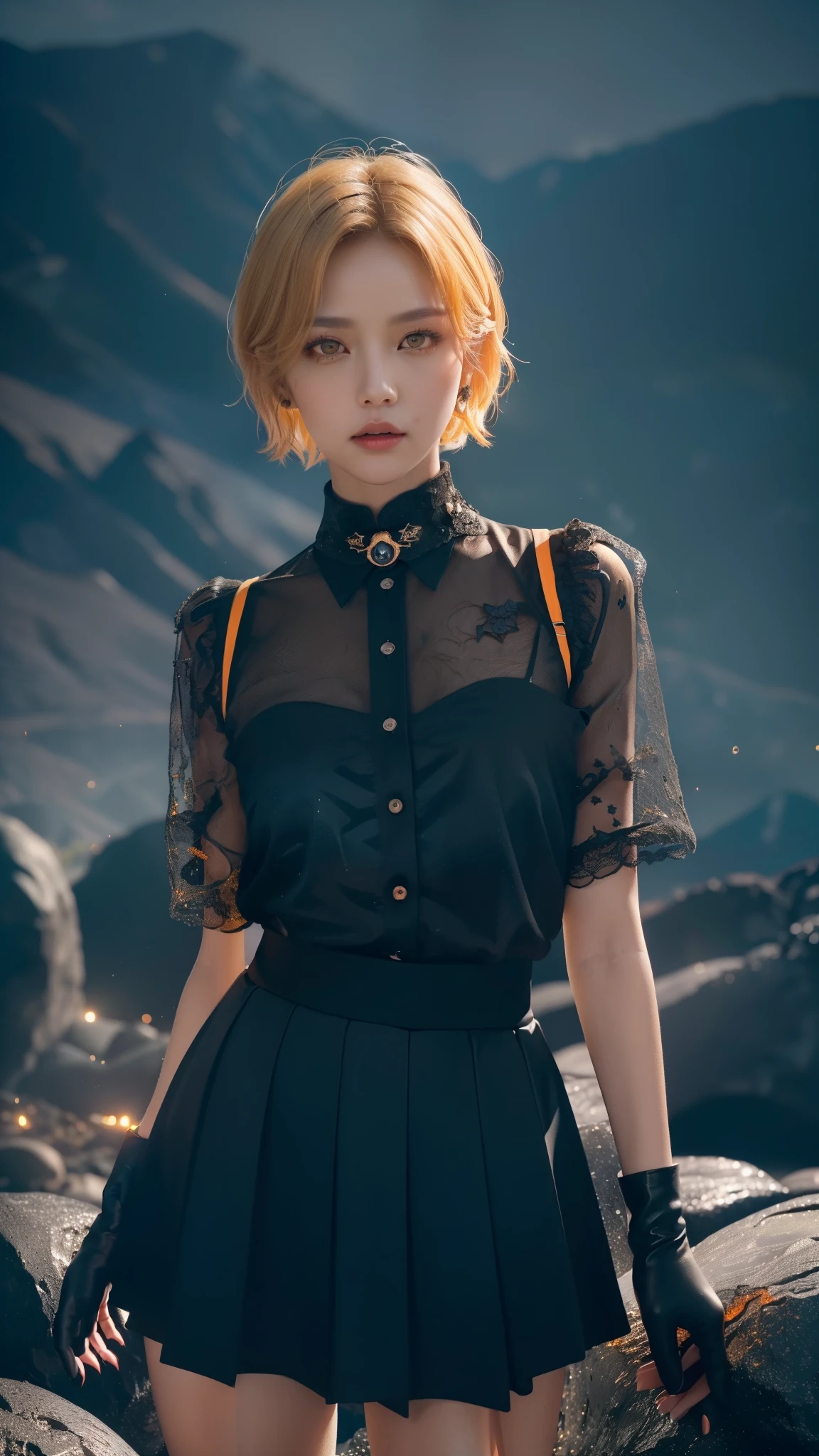 (Dark Bloom), kpop idol, caramel blonde short hair, yellow eyes, (black skirt, gloves, black shirt), wings, sparkling clothing, (mountains, orange fire, dark background, rocks. lava), (realistic:1.2), (masterpiece:1.2), ((Cowboy-shot:1.2), dark romantic lighting, (highly detailed:1.2),(detailed face:1.2), (gradients), colorful, detailed eyes, (natural lighting:1.2), solo
