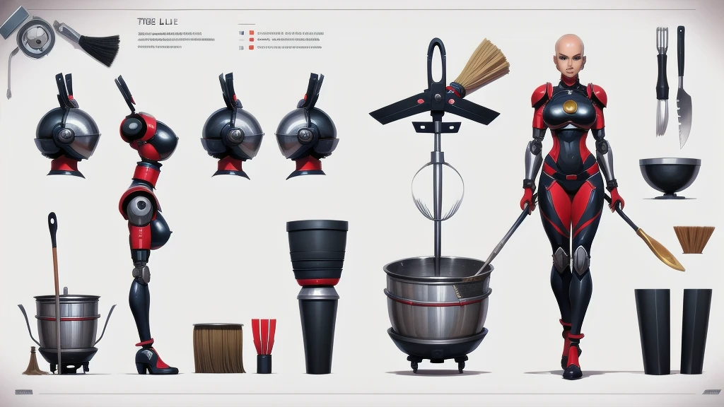 (character design sheet of female Life Support Robot) realistic, detailed, camera eyes, metalic face and skin, bold head, no hair, flexible armor, standing posture, light background, vibrant colors, professional concept art style, high resolution, studio lighting, fine details, fry pan, two-handled pot, single-handled pot, kitchen knife, ladle, spatula, tongs, broom, mop, vacuum cleaner, brushes , dynamic pose, gigantic breasts