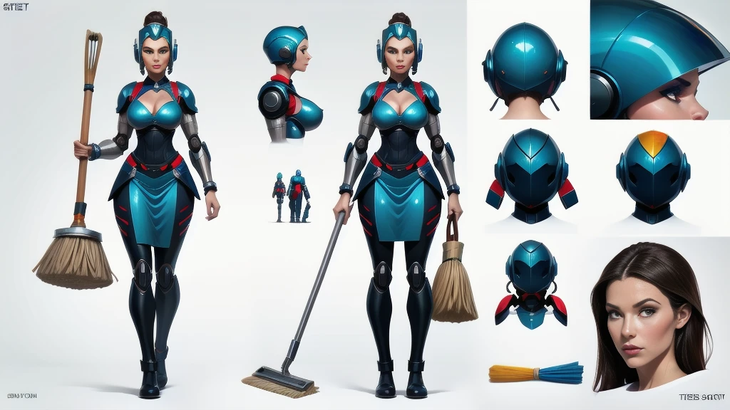 (character design sheet of female Life Support Robot) realistic, detailed, camera eyes, metalic face and skin, bold head, no hair, flexible armor, standing posture, light background, vibrant colors, professional concept art style, high resolution, studio lighting, fine details, fry pan, two-handled pot, single-handled pot, kitchen knife, ladle, spatula, tongs, broom, mop, vacuum cleaner, brushes  , dynamic pose, gigantic breasts, huge ass