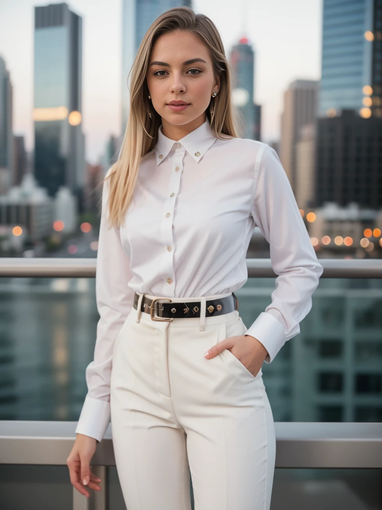 beautiful photograph of a smart looking 1girl, solo, wearing a crisp, white collared shirt, fine fabric emphasis, perfectly defined button detailing, black high-waisted pants with a belt, diamond stud earrings, long sleek blonde hair, brown eyes, freckles, warm and sensual smile, slender figure, standing against a city skyline at midnight, cowboy shot, full body shot, photographed on a Fujifilm XT3, 80mm F/1.7 prime lens, cinematic film still, cinestill 500T, highly detailed, masterpiece, highest quality, intricately detailed, HDR, 8k, uhd, photorealistic