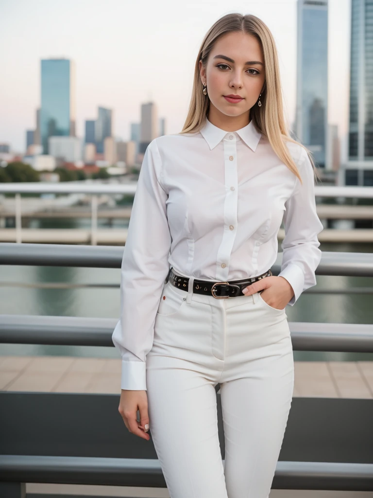 beautiful photograph of a smart looking 1girl, solo, wearing a crisp, white collared shirt, fine fabric emphasis, perfectly defined button detailing, black high-waisted pants with a belt, diamond stud earrings, long sleek blonde hair, brown eyes, freckles, warm and sensual smile, slender figure, standing against a city skyline at midnight, cowboy shot, full body shot, photographed on a Fujifilm XT3, 80mm F/1.7 prime lens, cinematic film still, cinestill 500T, highly detailed, masterpiece, highest quality, intricately detailed, HDR, 8k, uhd, photorealistic