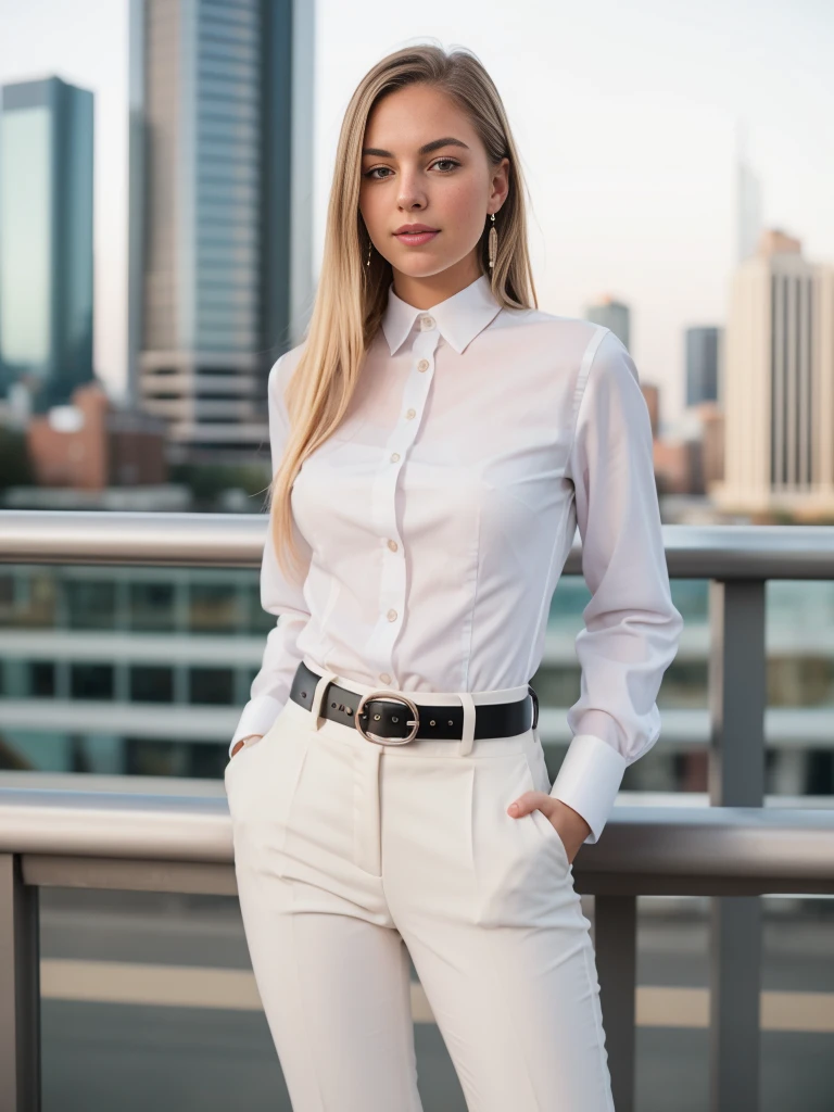 beautiful photograph of a smart looking 1girl, solo, wearing a crisp, white collared shirt, fine fabric emphasis, perfectly defined button detailing, black high-waisted pants with a belt, diamond stud earrings, long sleek blonde hair, brown eyes, freckles, warm and sensual smile, slender figure, standing against a city skyline at midnight, cowboy shot, full body shot, photographed on a Fujifilm XT3, 80mm F/1.7 prime lens, cinematic film still, cinestill 500T, highly detailed, masterpiece, highest quality, intricately detailed, HDR, 8k, uhd, photorealistic