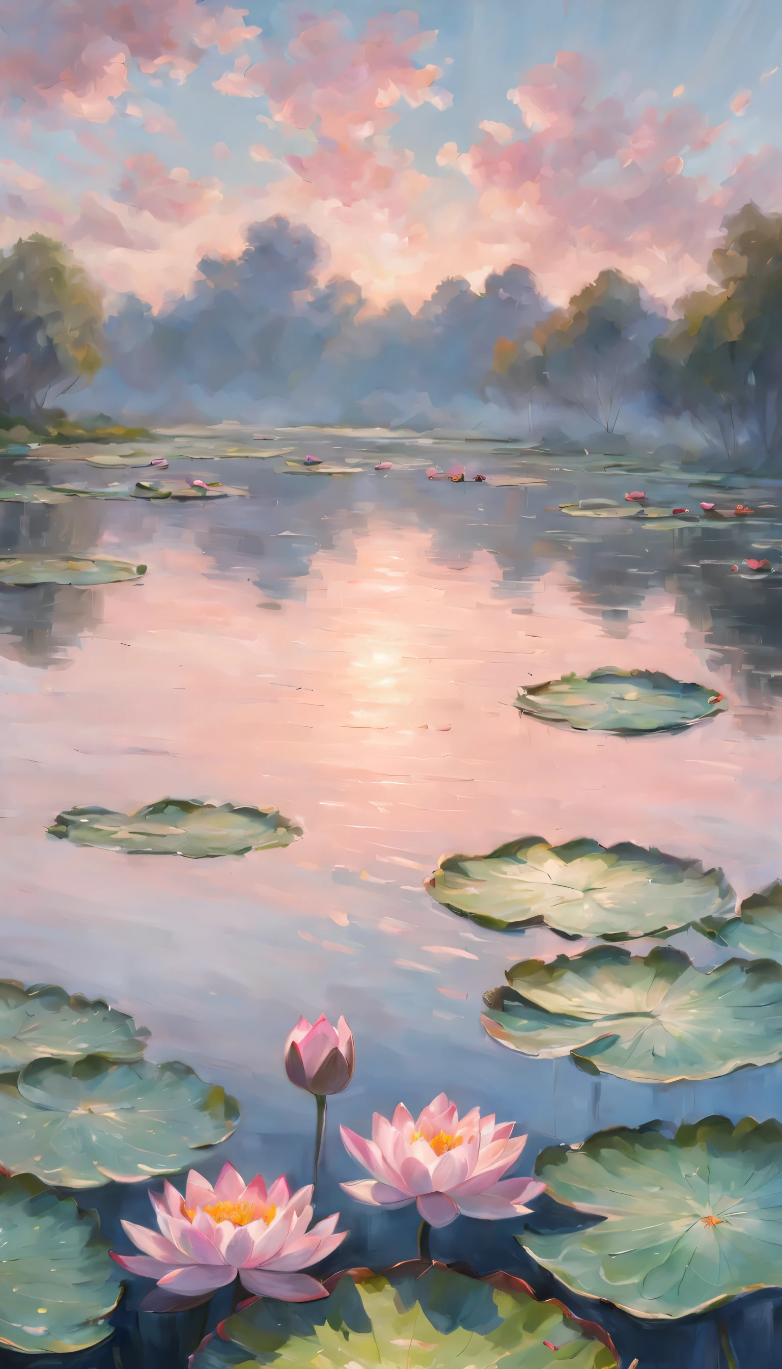 Monet style, beach, cloud, sky, water, flower, waterlily, pad, lotus, pink flower, no humans, plant, scenery, still life, impressionist watercraft, monet (style) (masterpiece:1.2), best quality, highres, original, extremely detailed wallpaper, perfect lighting,(extremely detailed:1.2), drawing, paintbrush