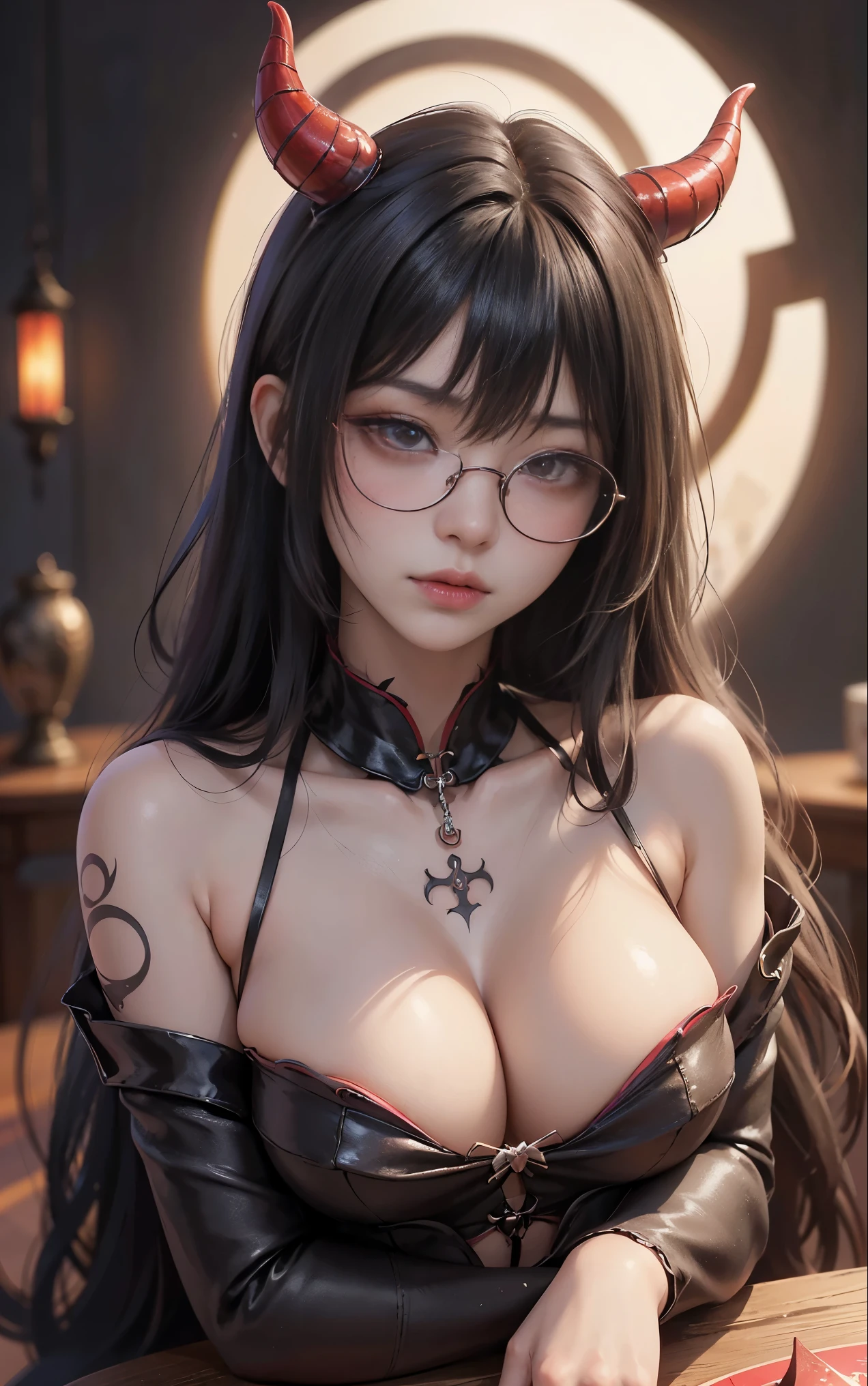 got itですかですか、(best illustrations)、8k UHD resolution、intricate details、highest quality、realistic、Super detailed、best lighting、best shadow、soft lighting、ultra hd、超realistic、Tyndall effect、Photoreal、(high detail skin:1.2)、 (intricate details, compensate, face to face with the children_v1:0.5), (got it, beautiful and delicate face, got itですか, beautiful and delicate eyes, perfectly proportioned face, high resolution skins, fine skin, Optimal ratio of 4 fingers and 1 thumb, arm under chest, red tattoo on lower abdomen、Wow wow, wide hips, smooth abdomen, thin and thin skin, __fashion__, __hair__:1.25)、Digital single-lens reflex camera、 absurd、(table top: 1.3), (maximum resolution: 1.2), (ultra hdTV: 1.2), cinematic light, fine eyes and skin, detailed facial features, , (sharp focus: 1.2), (focus on the face:1.2),perfect style, beautiful face, acura, anatomically correct, Highly detailed face and skin texture, fine eyes, double eyelid, thin eyebrows, glitter eyeliner: 1 natural cheeks, Glossy skin, Fair skin: 1.2, (glossy lips: 1.4),(embarrassed look: 1.2),Highly detailed face and skin texture, fine eyes, double eyelid, natural cheeks, glossy lips: 1.4,exposed cleavage、Bewitching。charm、 Beautiful devil woman from hell, デヴィッド・ホックニーとアルフォンス・ミュシャによる超realistic女性の肖像画, charm女性の肖像画、fantasy art, Chinese humanoid robot、chinese actress、dungeon、dragon、devil'palace of、devil'torture chamber、night、dark style 、in the dark、(detailed spooky background:0.8), magic、 1 girl、evil nun、dark necromancer、Succubus、devil'Daughter of、Shinonome Umi、bat wings,(((devil'Horn)))、 ((((giant glasses, otaku glasses, thick glasses, round glasses)))),(((big breasts)))、(devil'tail)、(red eyesは光り輝いて:1.6)、red eyesは非常に鮮明で詳細です, your eyes are so beautifully made, ((red eyes:1.0)),intricate tattoo, demonic intricate tattoo, thigh tattoo, body tattoo, masterpiece、最もbeautiful face、baby face、cute smile、beautiful plump red lips、筋肉のcharm体、devilのcharm体、devil style、charmブラックマジックコスチューム、The long-haired、Braid、Black hair、Ponytail distortion、, Ponytail with a bow tied at the back of the hair, beautiful expression、body up、big breasts強調、bust, super tight chest, Breast augmentation surgery, Breasts are very big and round,tight waist、wide ass、 secret key, cowboy lens, (black phoenix dress: 1.0), devil crown, red gemstone necklace、Jewelry G Wise, Please wear black mesh socks,wearing light red、nffsw, nffsw, Meeting beautiful girls, look at the girl'Main body,