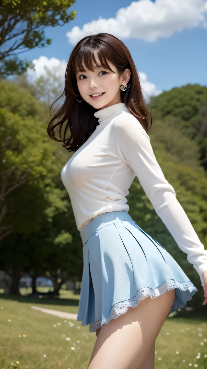 woman, 20-year-old, anatomy、short brown wavy hair、bangs、small breasts、(White Turtleneck Knit)、(blue long skirt), 7head and body、black stocking dium milk, (((cute smile:0.3)))、((Pose that emphasizes the buttocks、looked back))、sexy hips、black high heels、big necklace、((((the wind blew my skirt, expose my panties...))))、(Light blue lace panties)、cute earrings、(tilt your head a little)