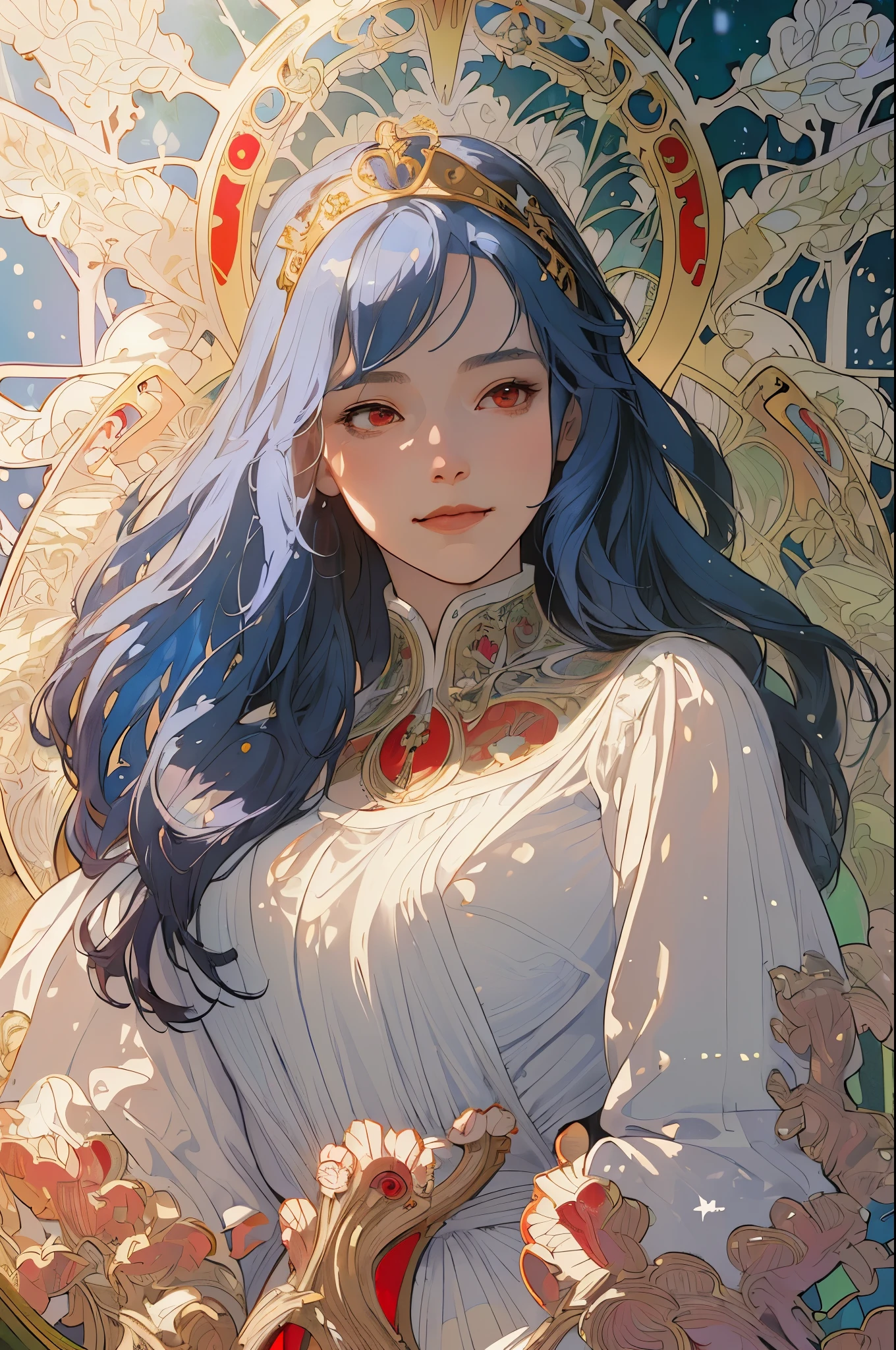 (masterpiece, highest quality), 1 girl, alone, (Queen:1.15), blue hair, long hair, curtain, white dress, queen dress, aurora, (sunlight, null, river, forest), No expression, red eyes, (art nouveau:1.2), Alphonse Mucha, tiara, (face focus, Upper body), (red throne:1.12), very intricate details, realistic light, smile