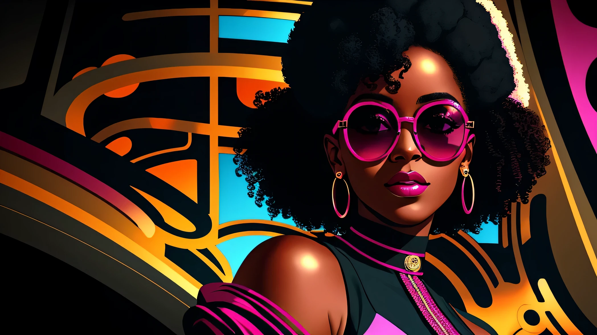vintage, a close up of one beautiful afro woman (character at the right), dark pink and white modern dress, sunglasses, 8k, digital art, stunning digital illustration, no text, magenta colored abstract background, music elements